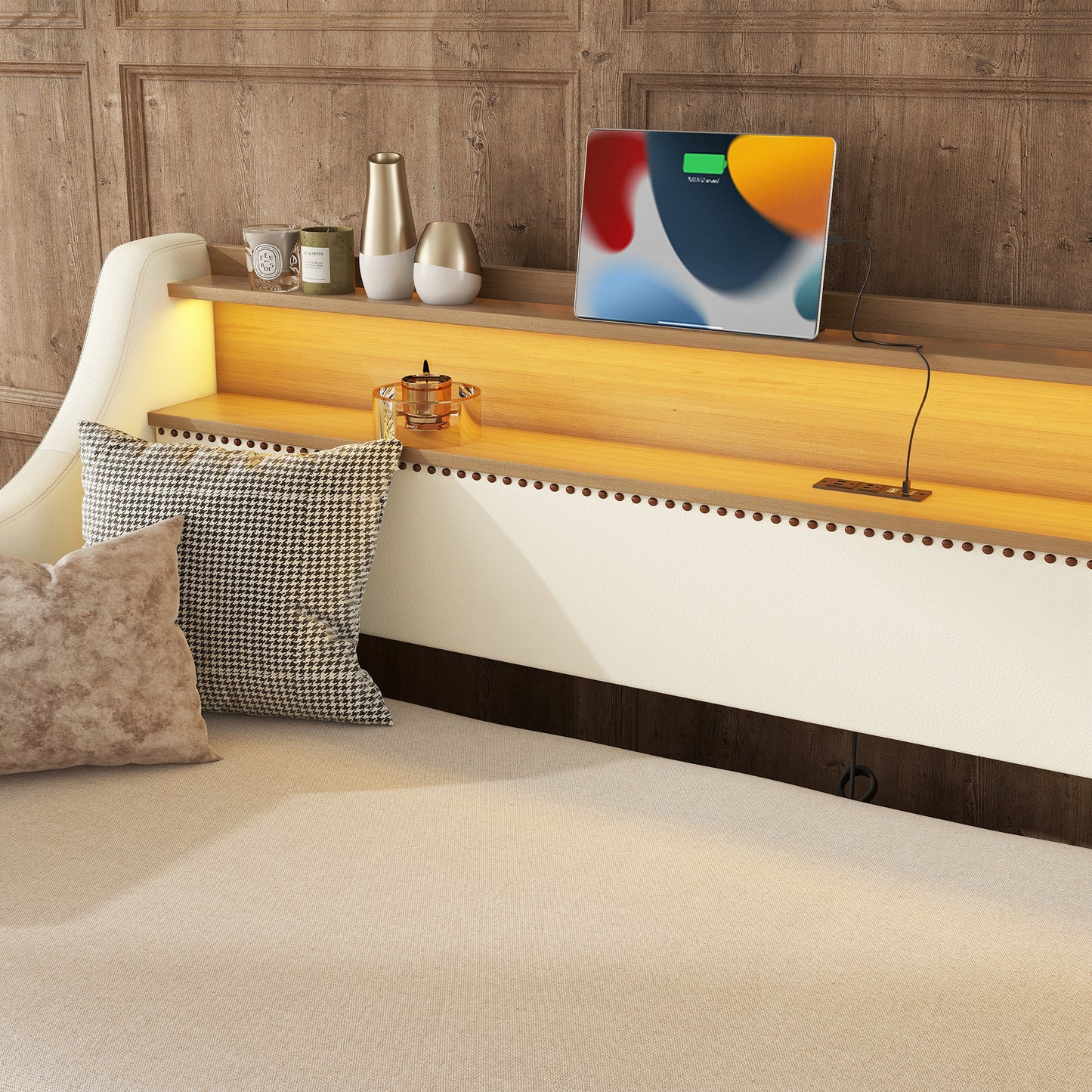 Gold and white modern vase on a wooden shelf