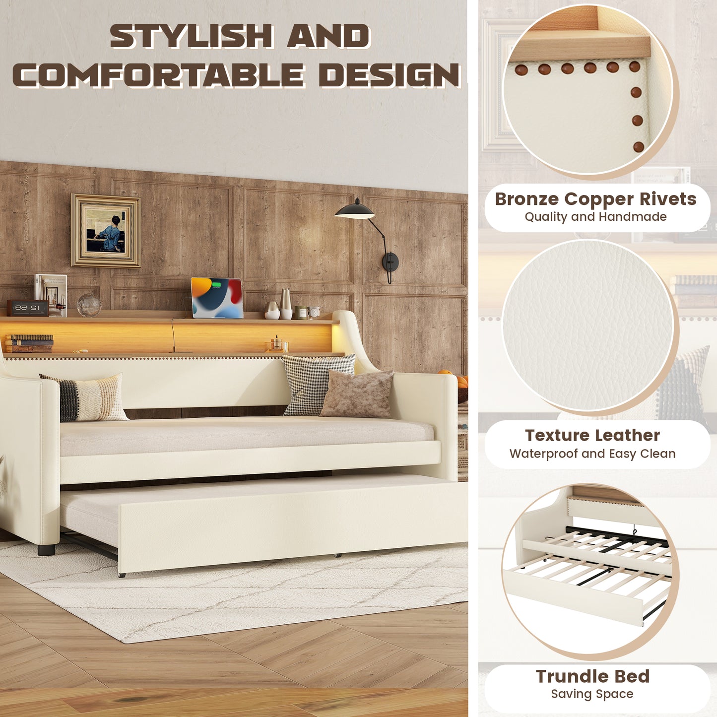 Cream upholstered daybed with pullout trundle