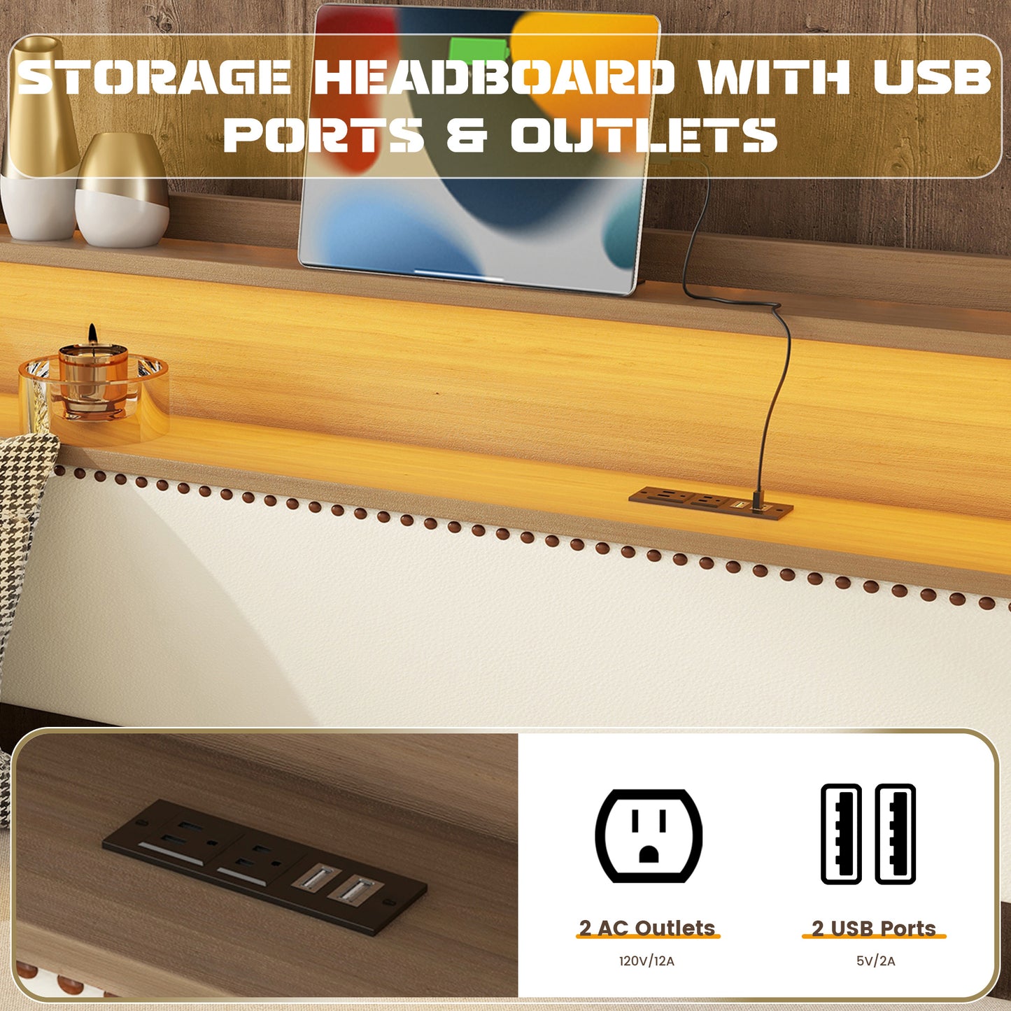 Storage headboard with builtin AC outlets and USB ports for convenient charging