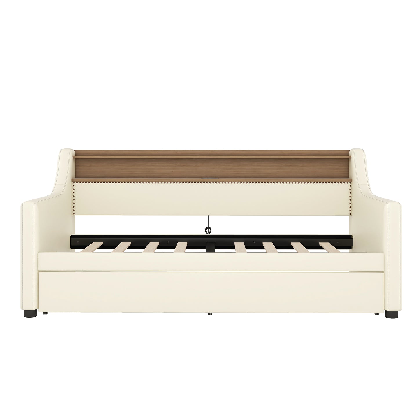 Cream faux leather sofa bed with woodpaneled headboard and slat support