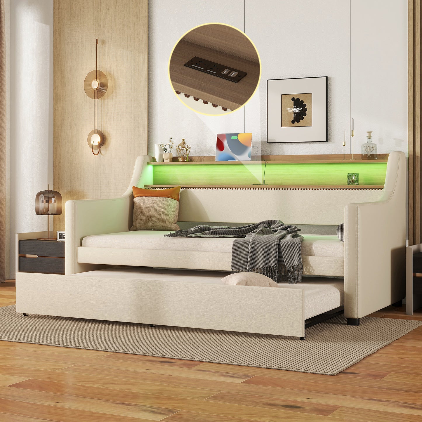 Beige leather upholstered daybed with pullout trundle and integrated USB charging ports