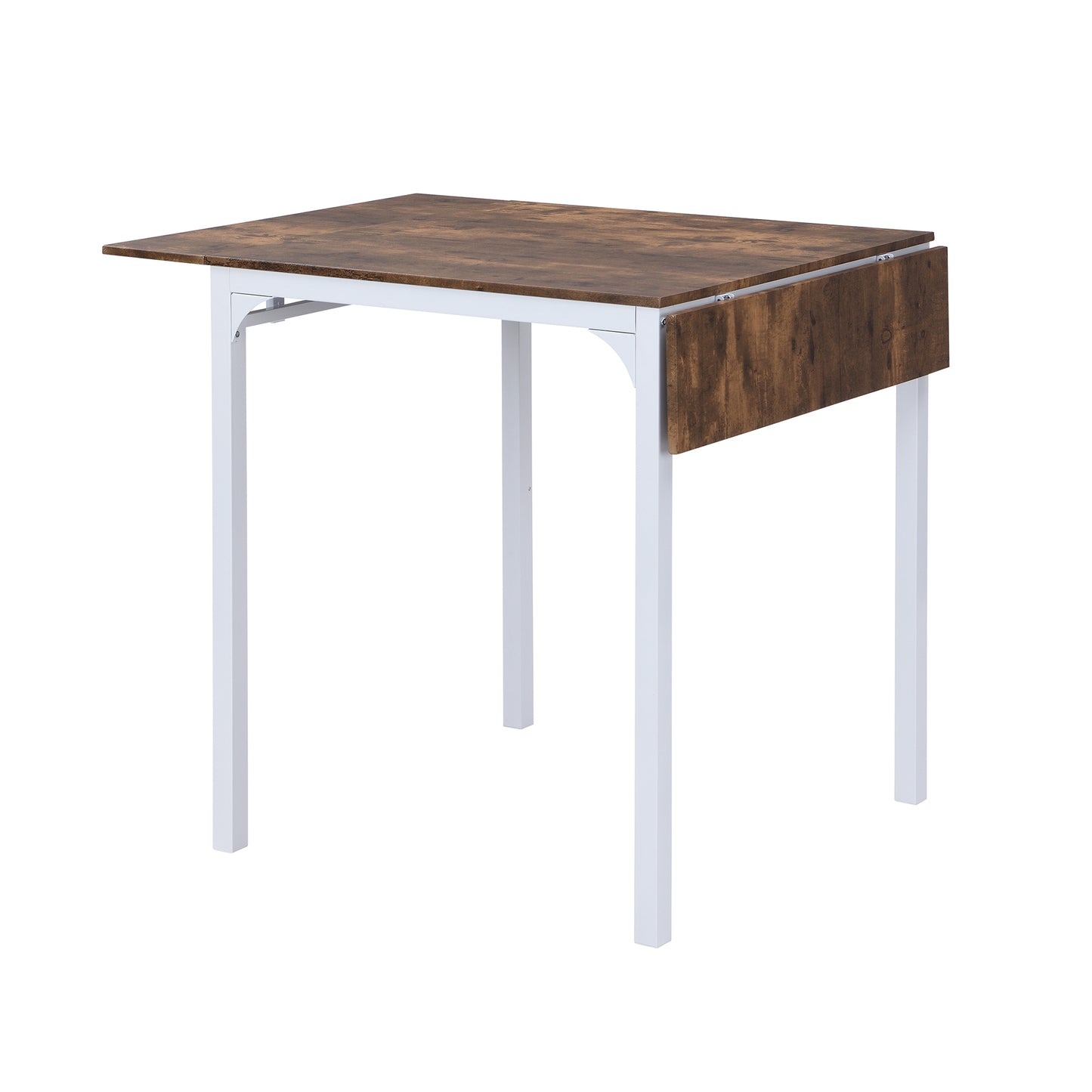 Dropleaf dining table with rustic wood top and white metal legs