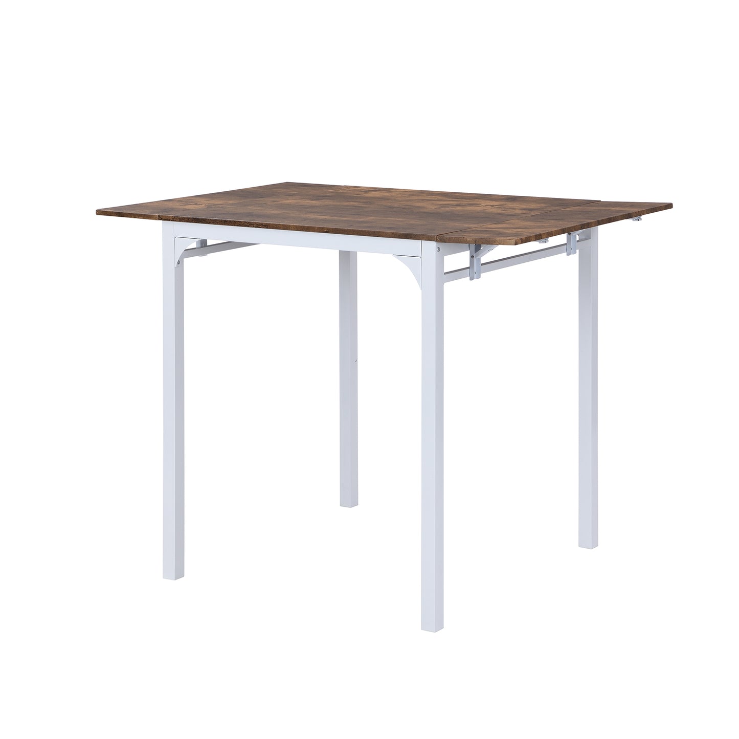 Rustic woodlook dining table with foldable white metal legs for small spaces