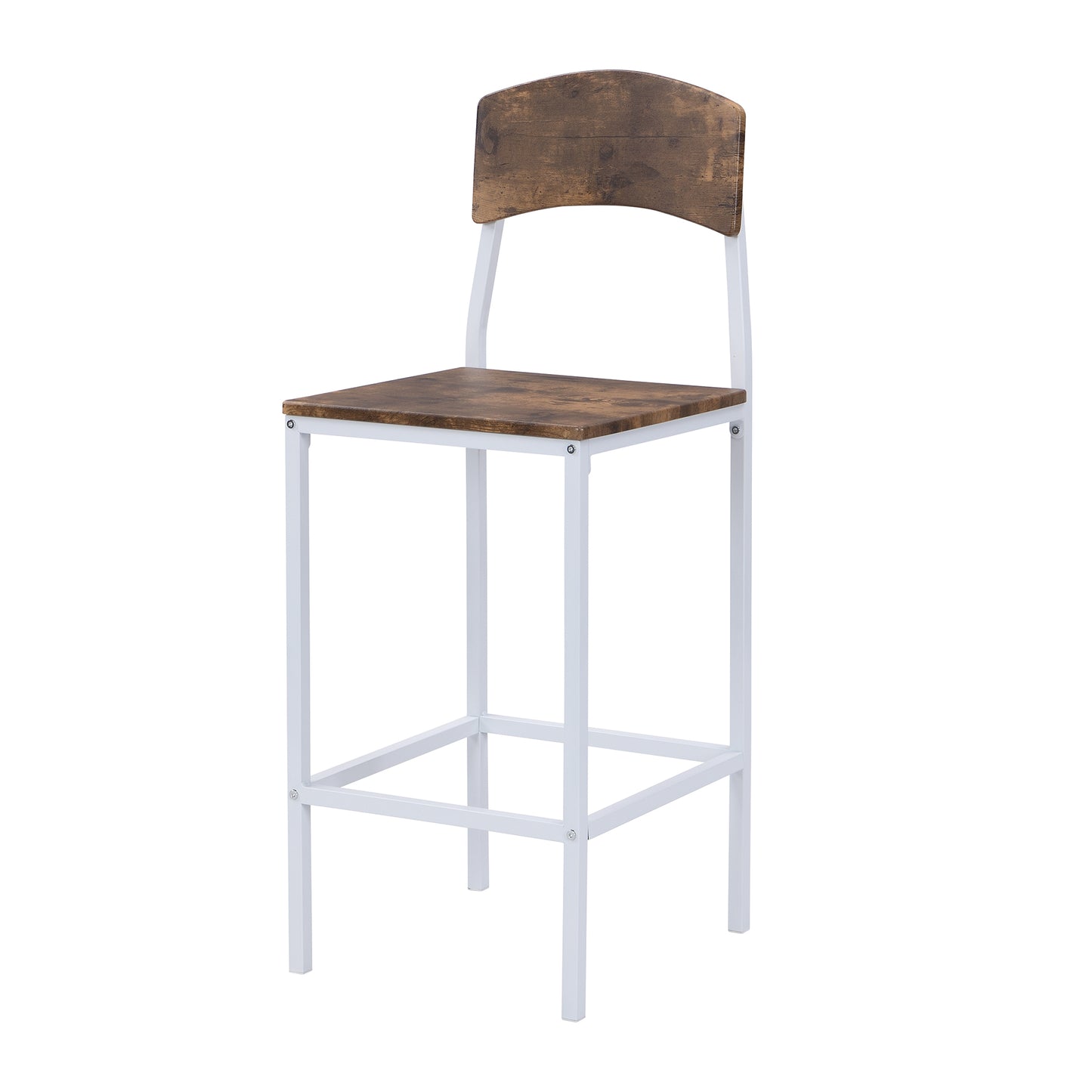 Rustic wood seat bar stool with white metal frame