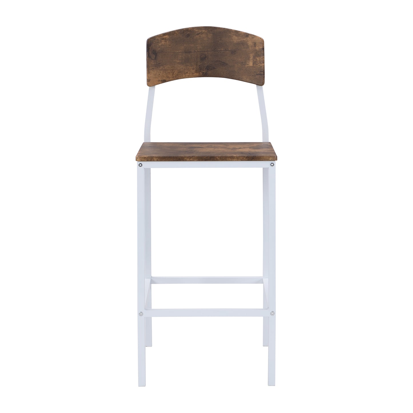 Rustic industrial bar stool with distressed wood seat and back on white metal frame