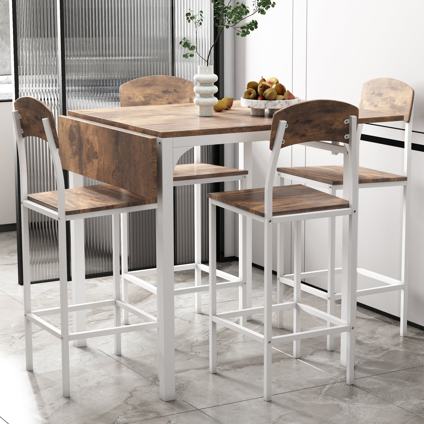 Rustic wood dropleaf counter height table and four stools set