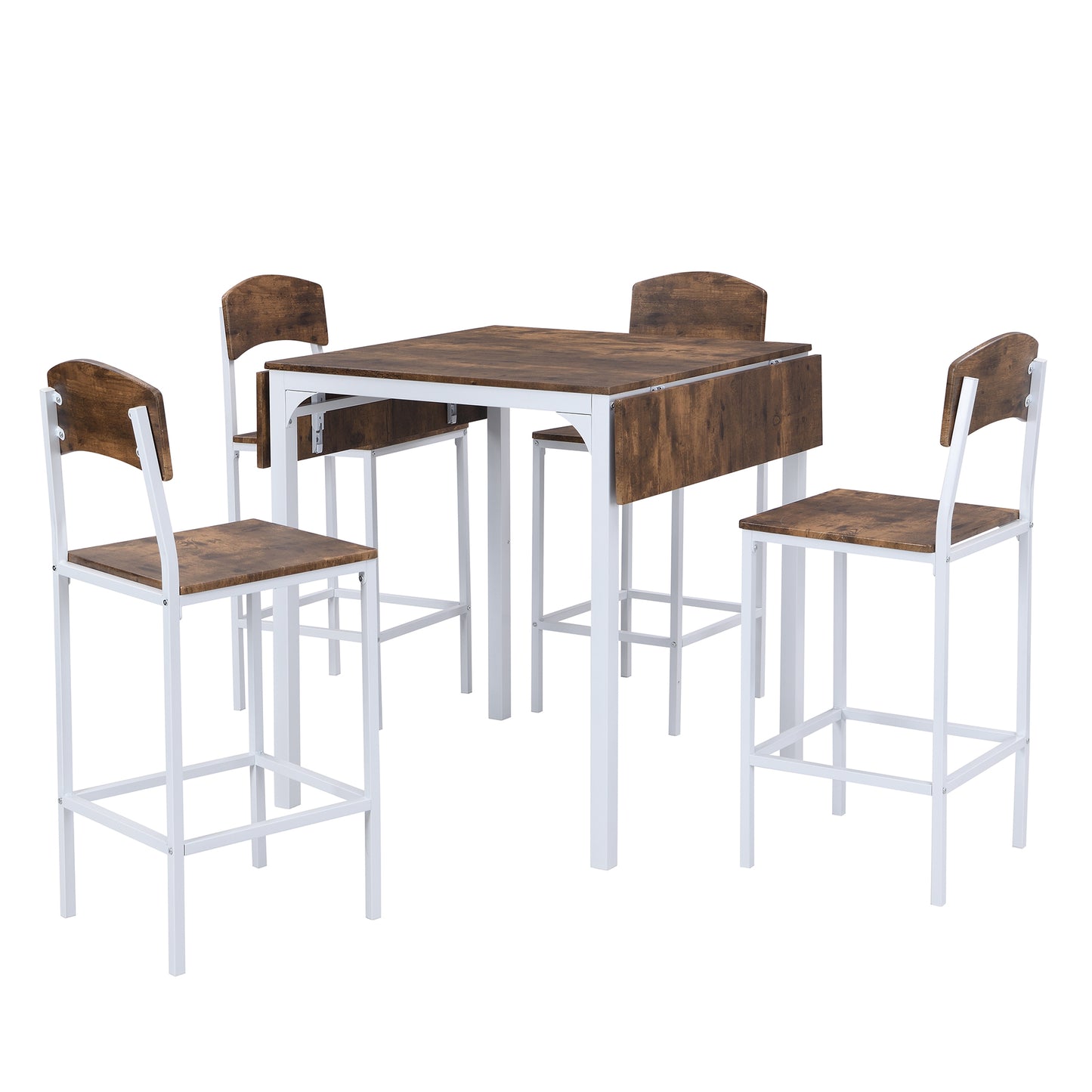 Rustic brown dropleaf bar table with white metal frame and four matching stools