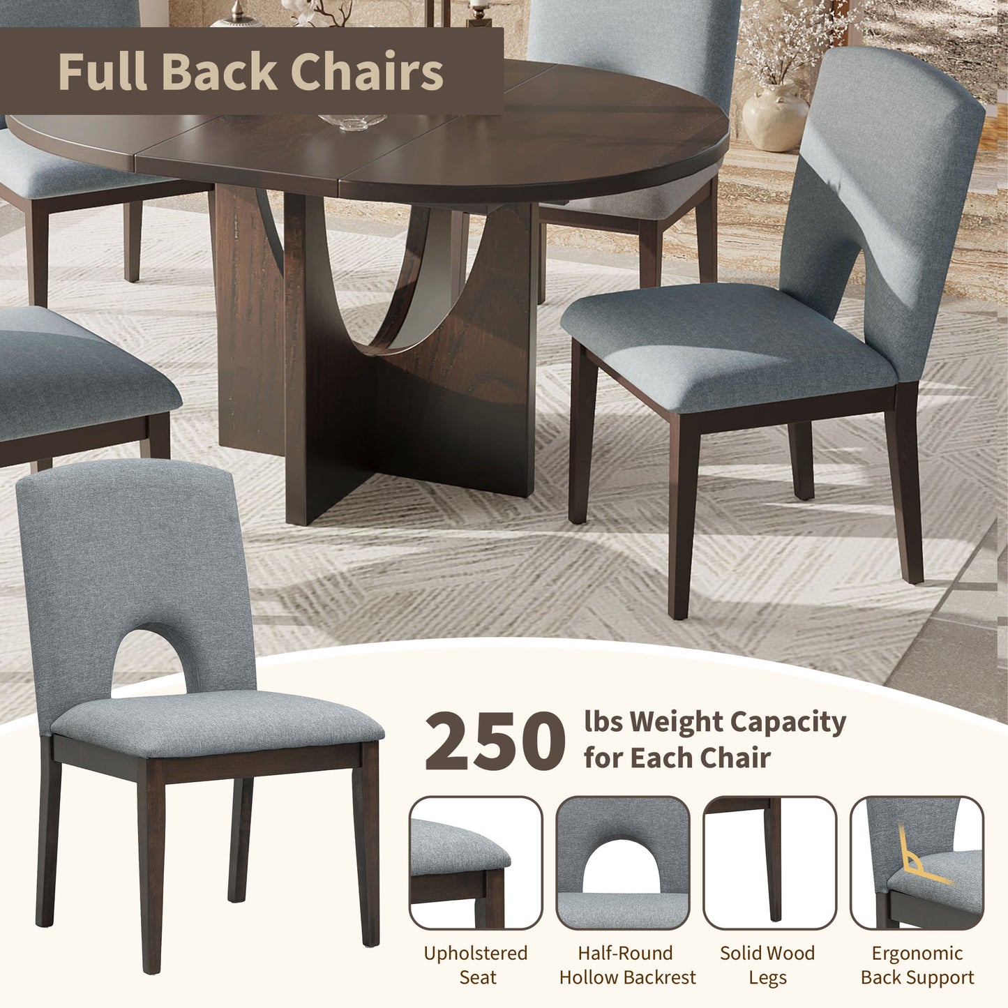 Grey fabric dining chairs with halfround backrest