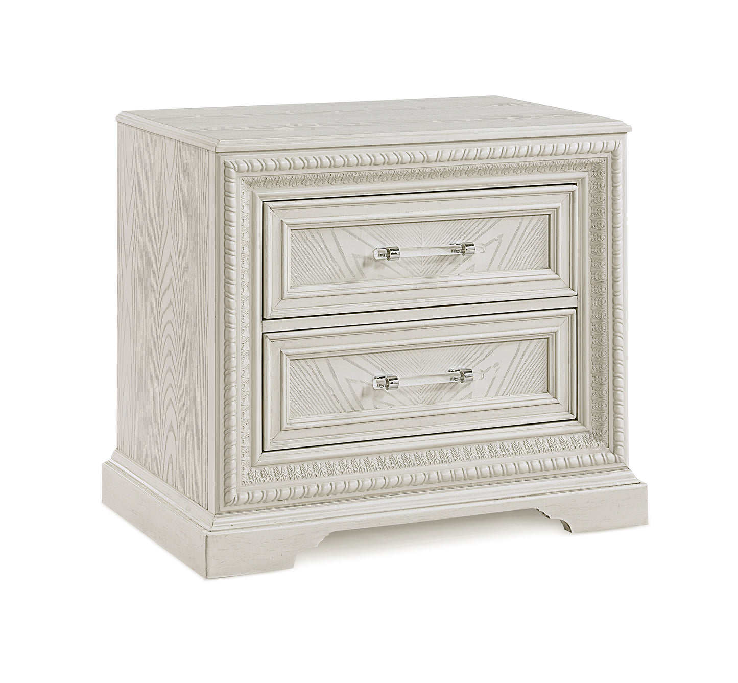 Antique white wood nightstand with two ornate drawers and crystal pulls