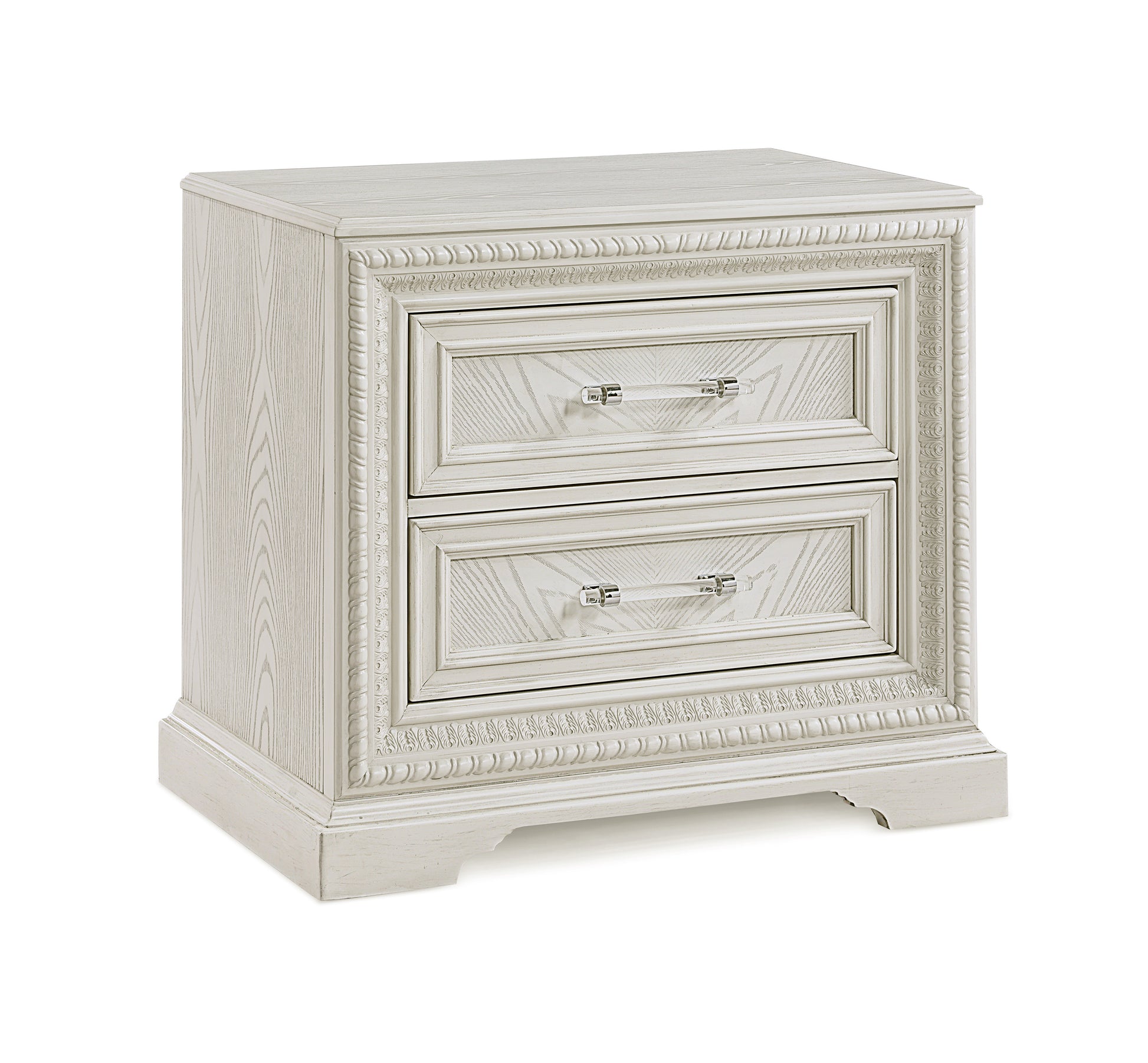 Antique white wood nightstand with two ornate drawers and crystal pulls