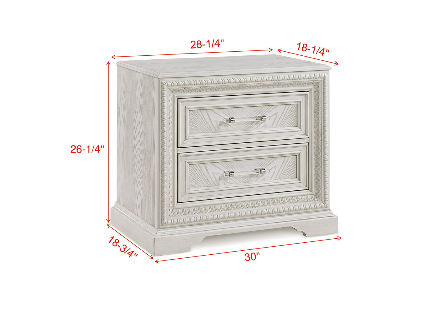 White wood ornate bedside table with two drawers and crystal pulls