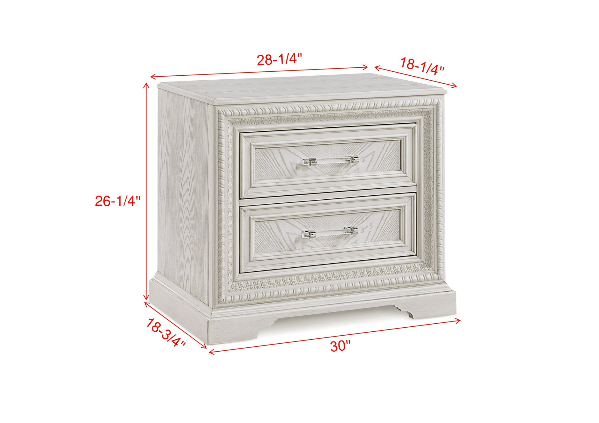 White wood ornate bedside table with two drawers and crystal pulls
