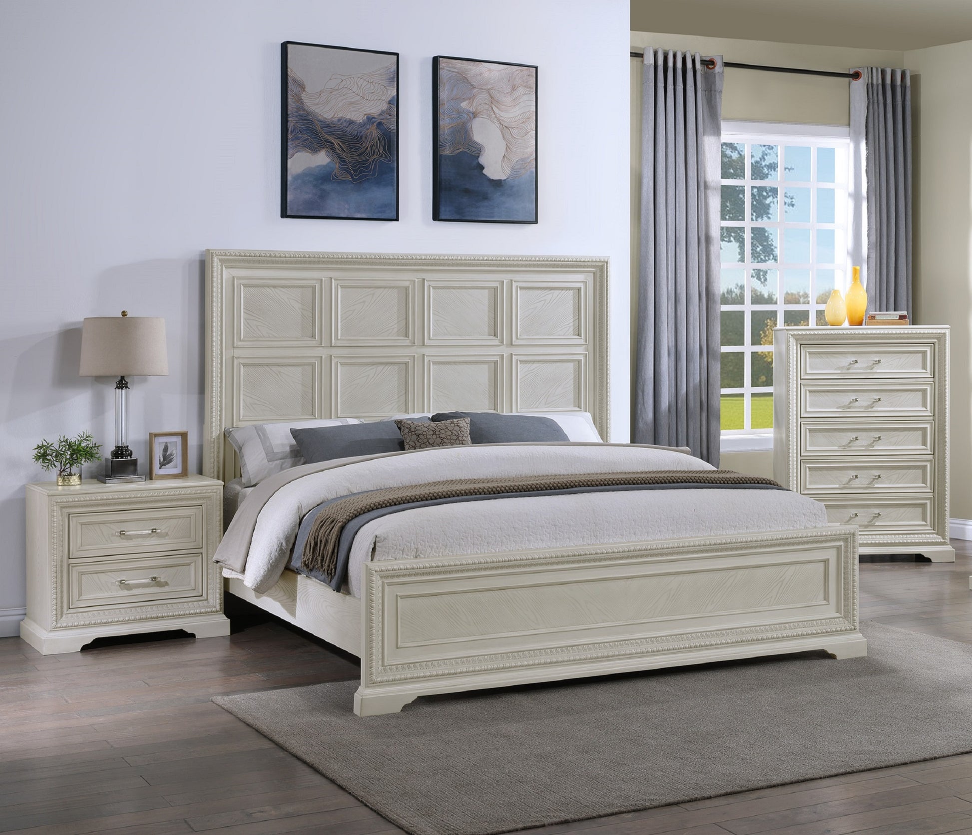 Cream upholstered bed frame with paneled headboard