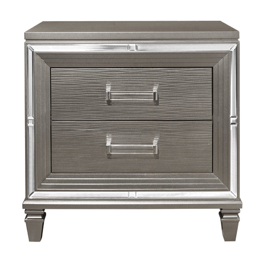 Gray metallic twodrawer nightstand with mirrored trim and crystal knobs