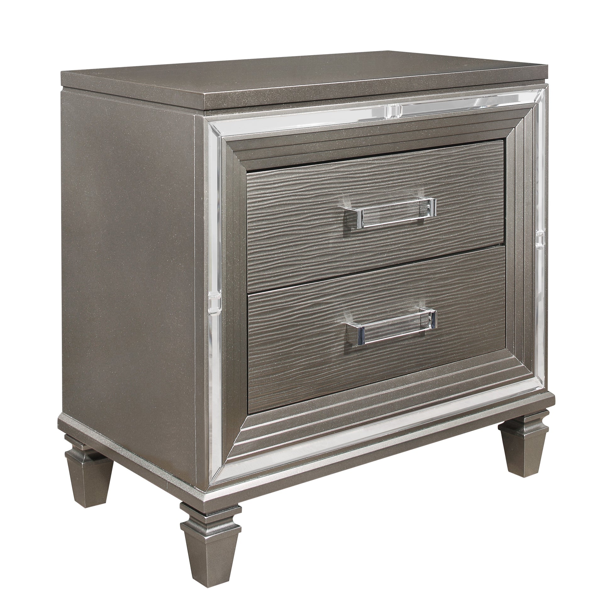 Glamorous silver nightstand with two drawers and mirrored accents