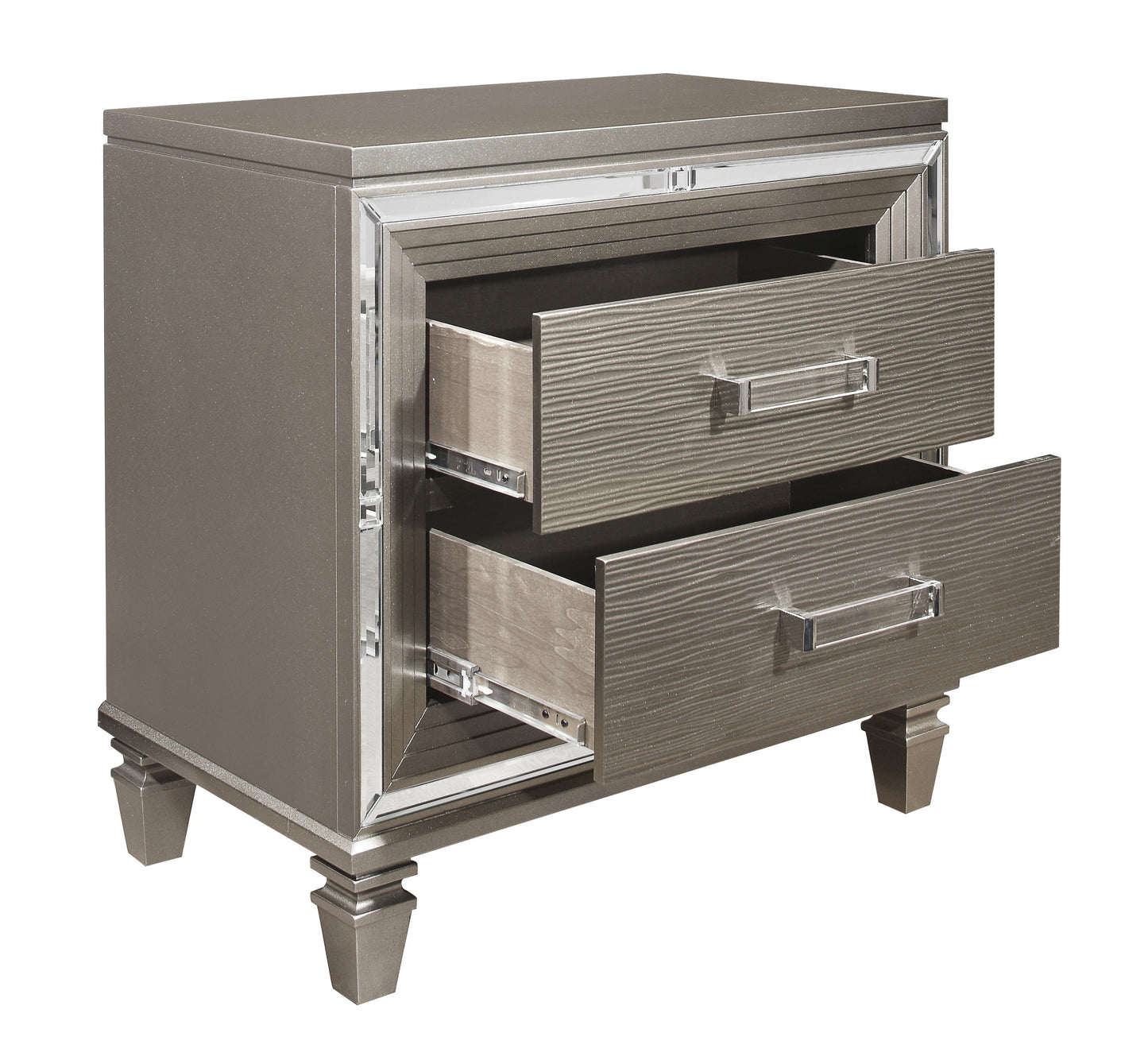 Glam metallic nightstand with two drawers and mirrored accents