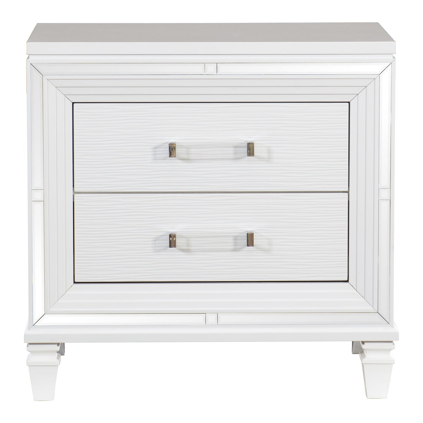 White mirrored nightstand with two textured drawers and clear acrylic handles