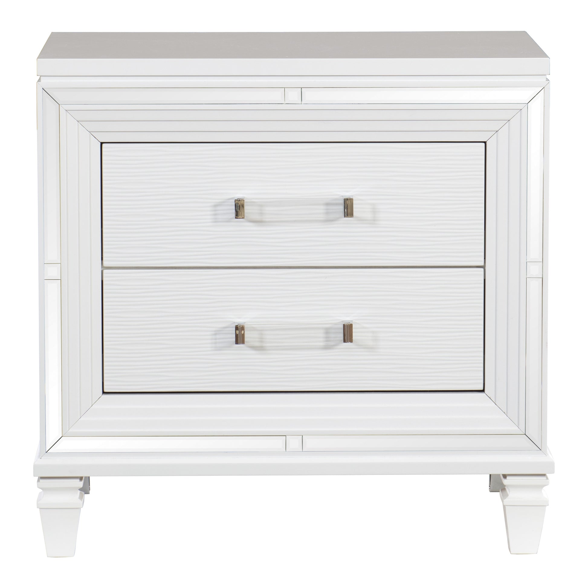 White mirrored nightstand with two textured drawers and clear acrylic handles