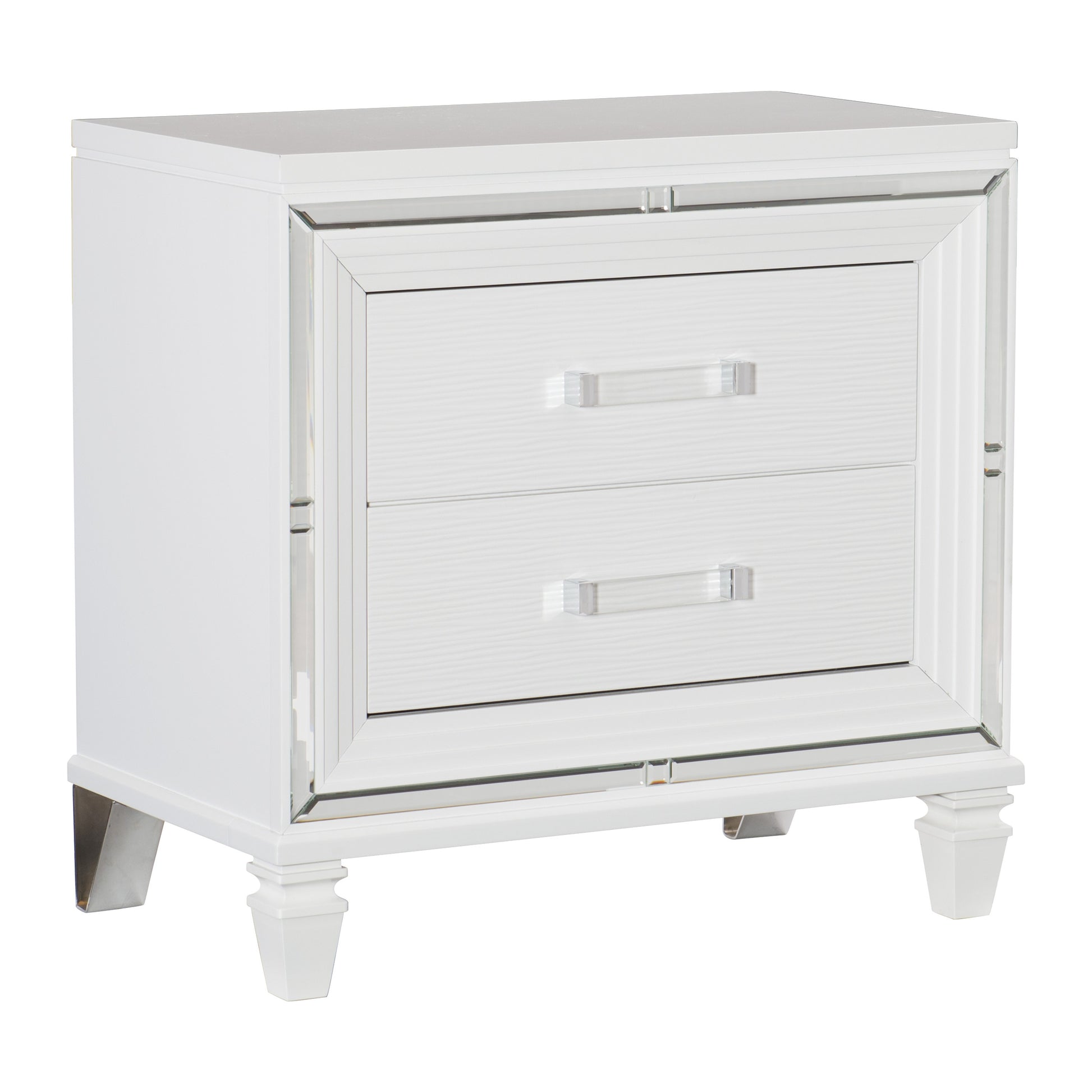 White mirrored nightstand with two grooved drawers and crystal handles