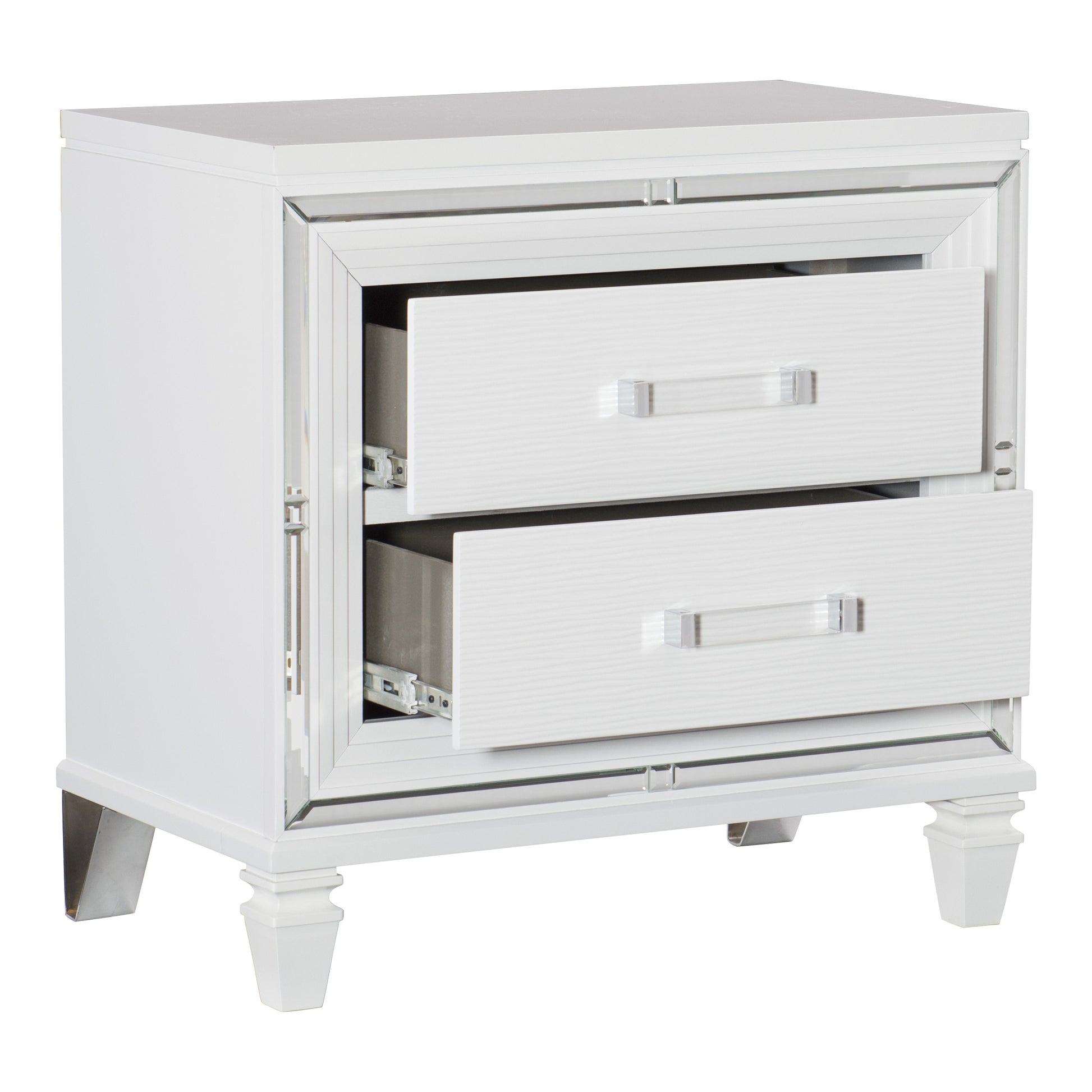 White mirrored nightstand with two drawers