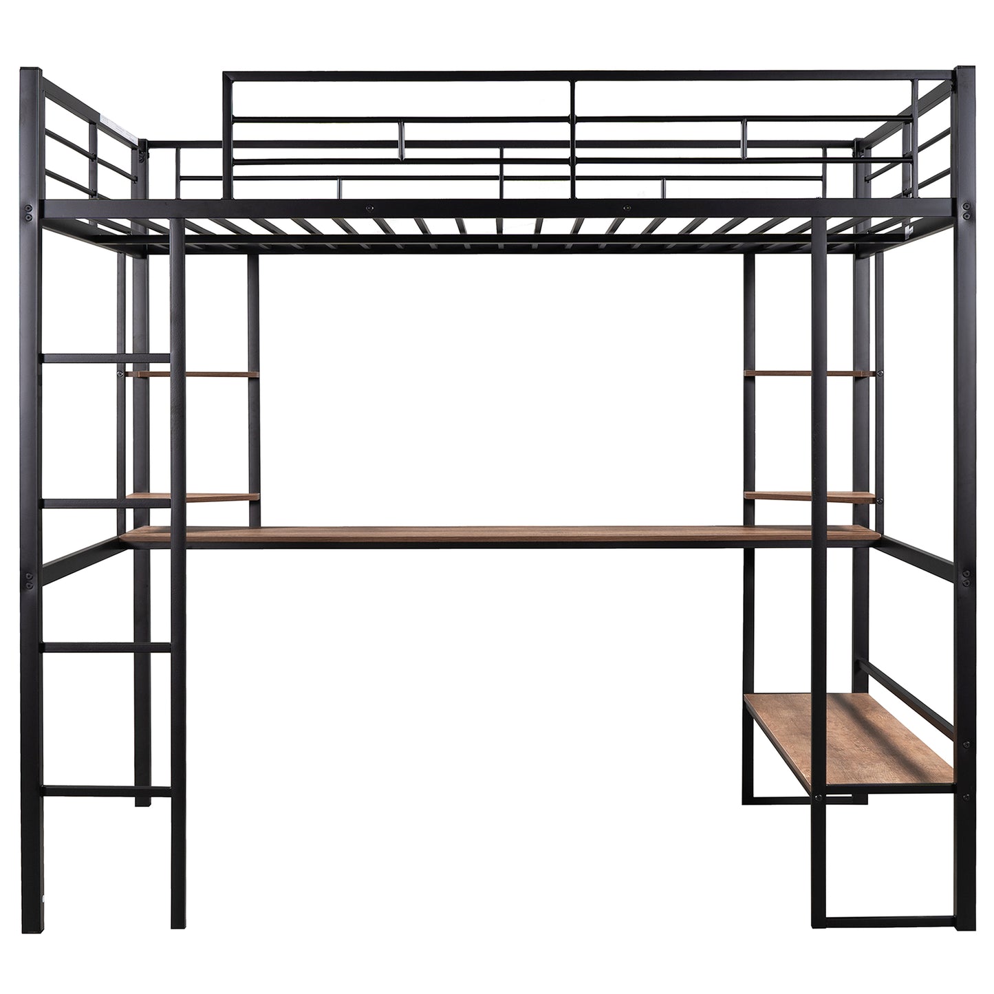 Black metal loft bed with builtin desk and shelves