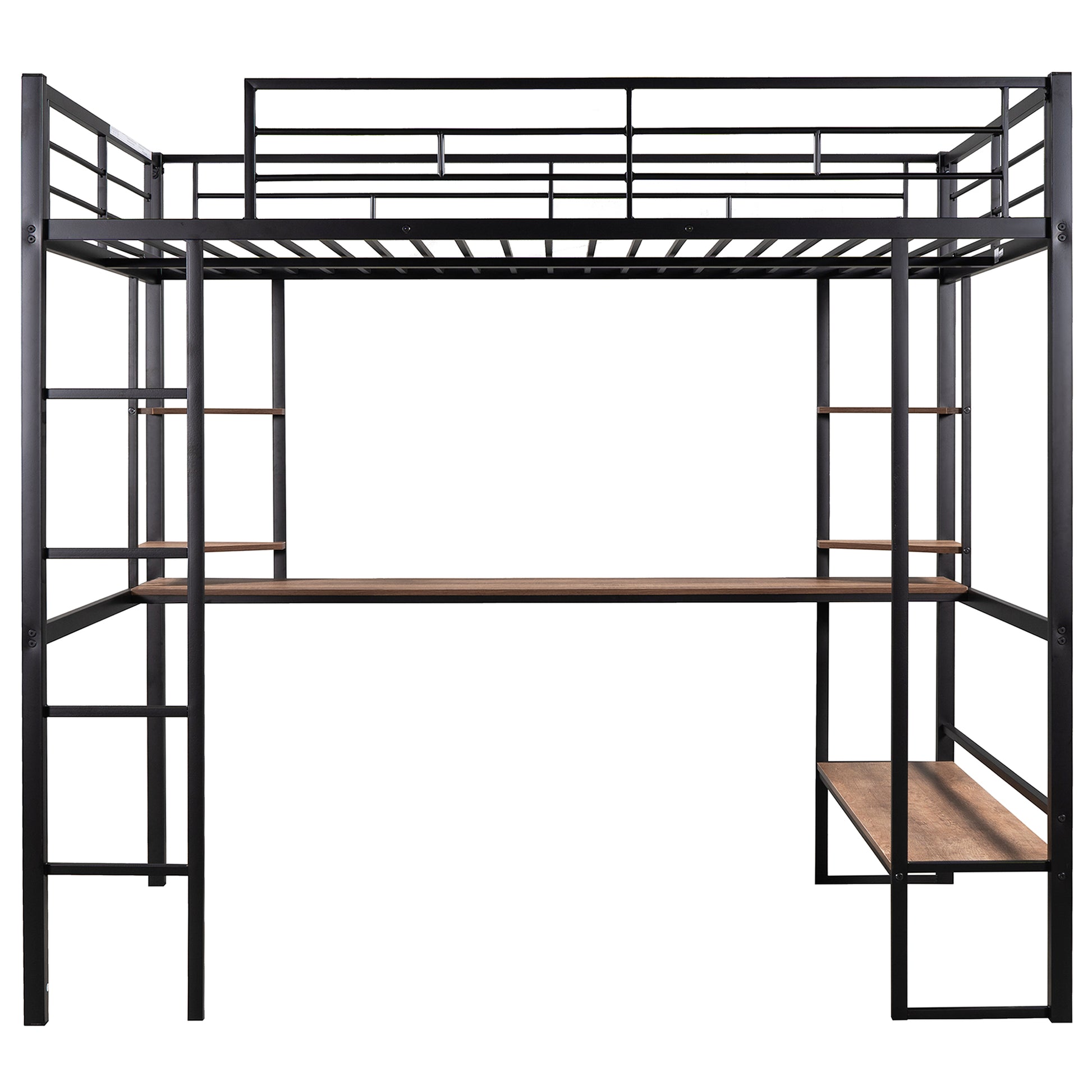 Black metal loft bed with builtin desk and shelves