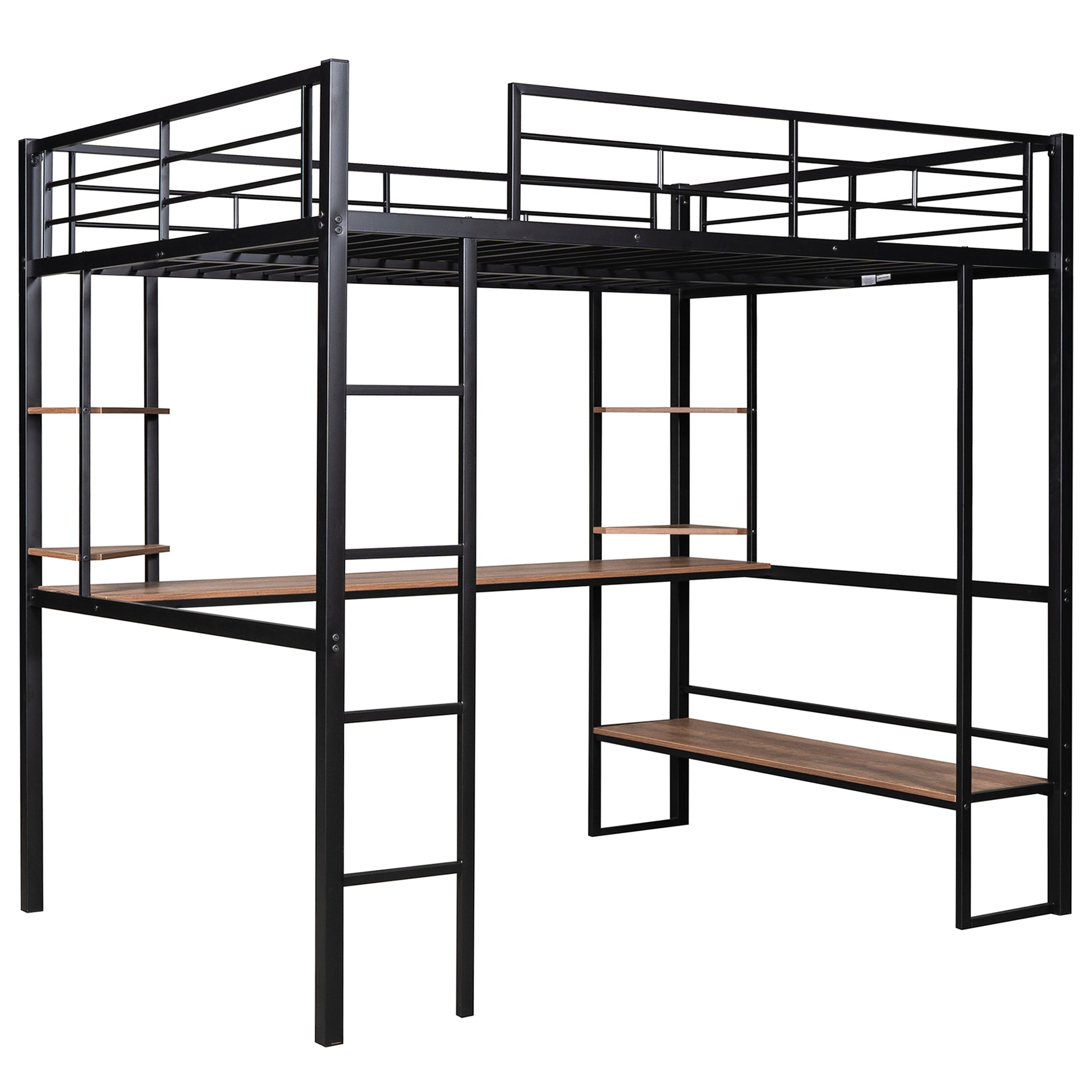 Black metal loft bed with integrated desk and shelves