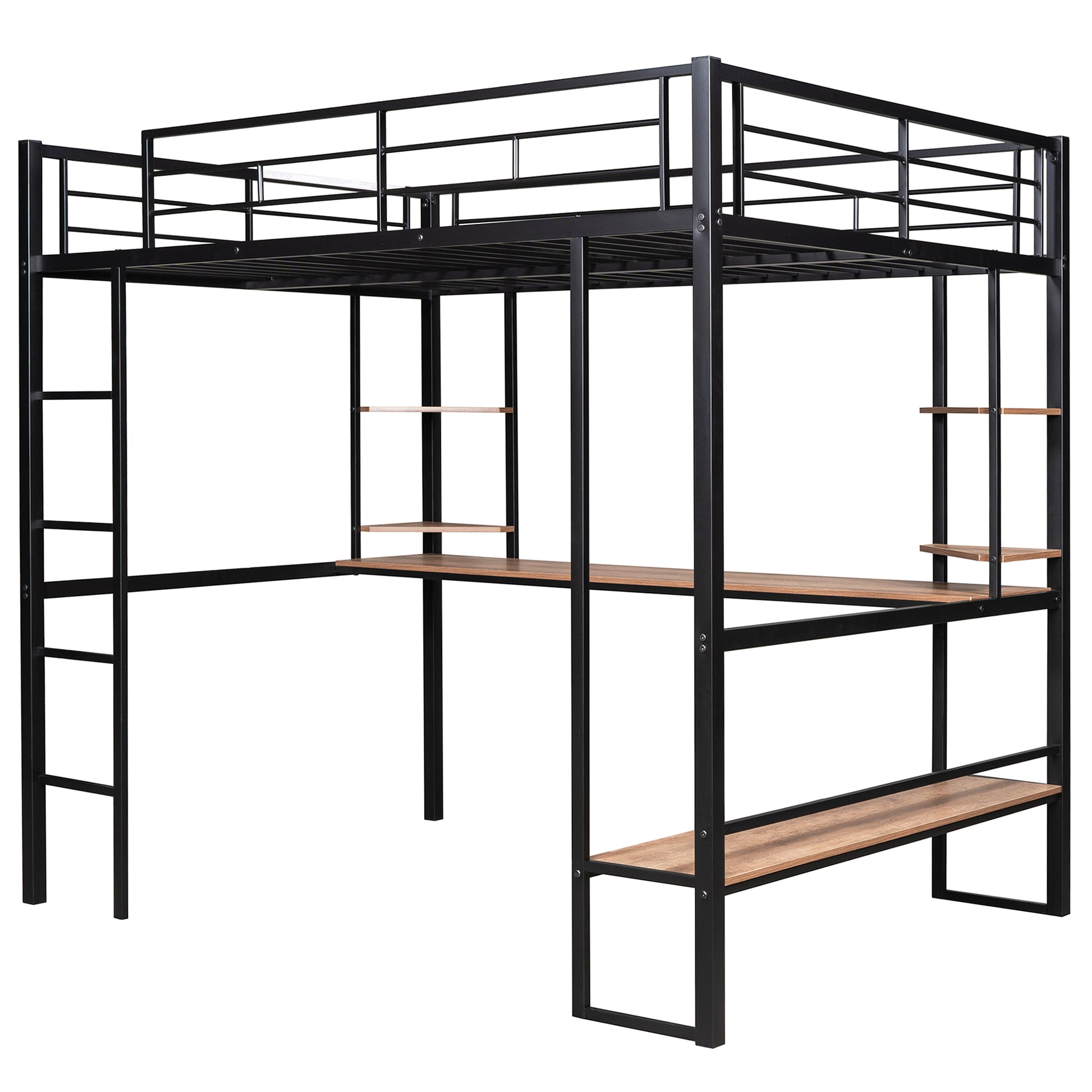 Black metal loft bed with desk and shelves