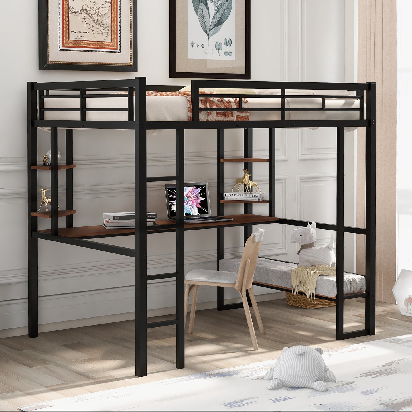 Black metal loft bed with desk and shelves