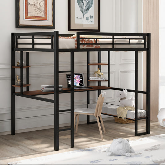 Black metal loft bed with desk and shelves