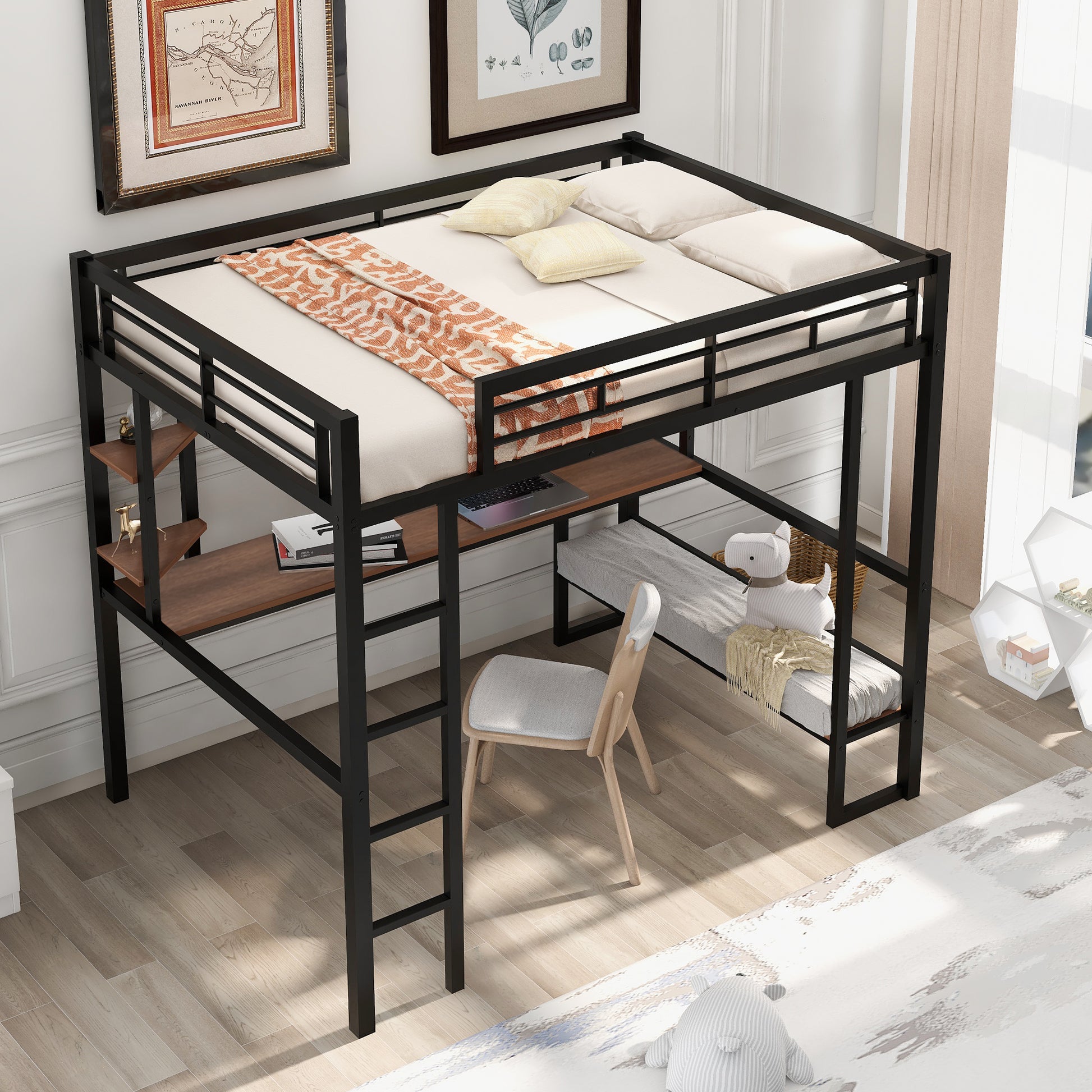 Black metal twin loft bed with integrated desk and shelving