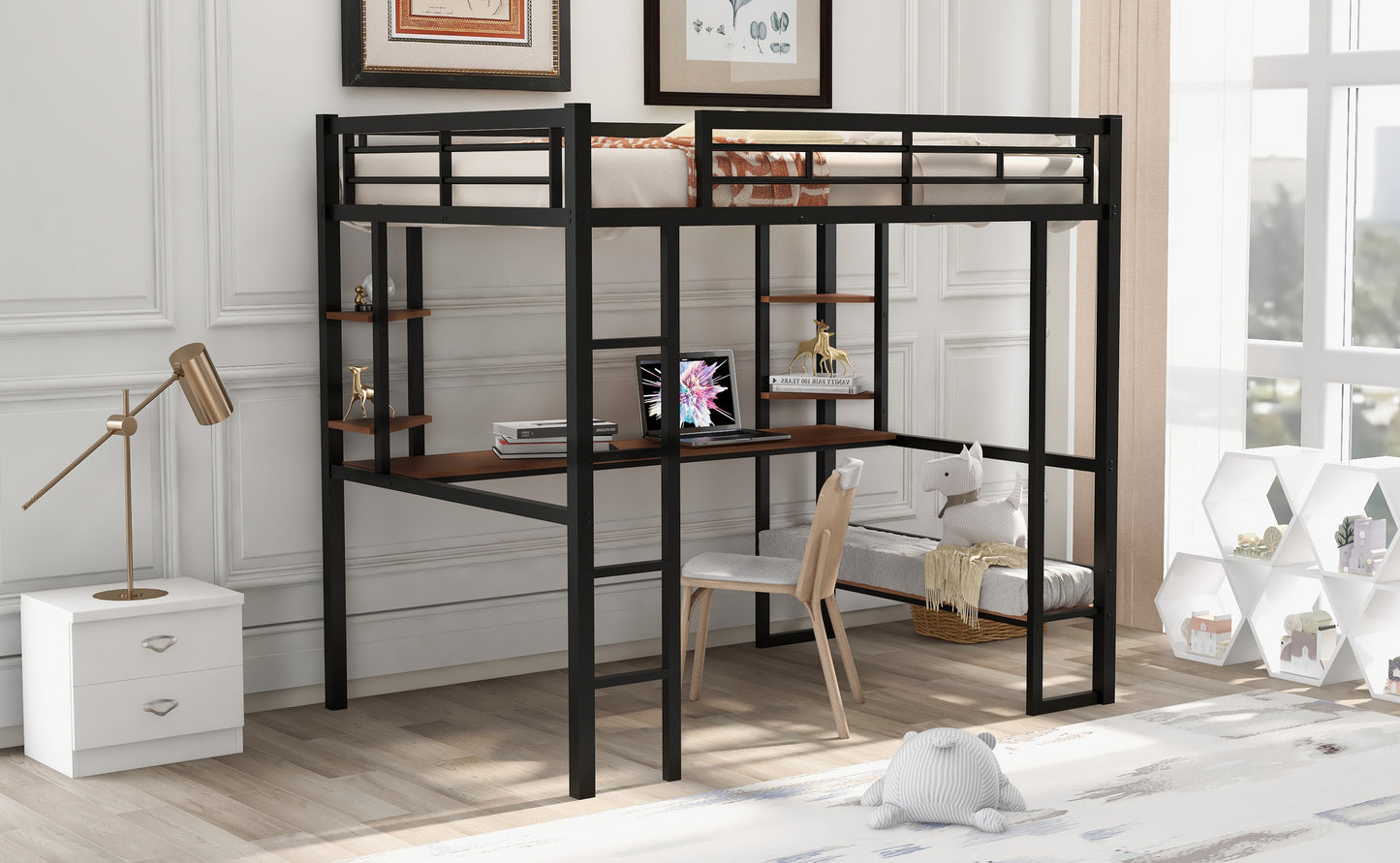 Black metal loft bed with integrated desk and shelves