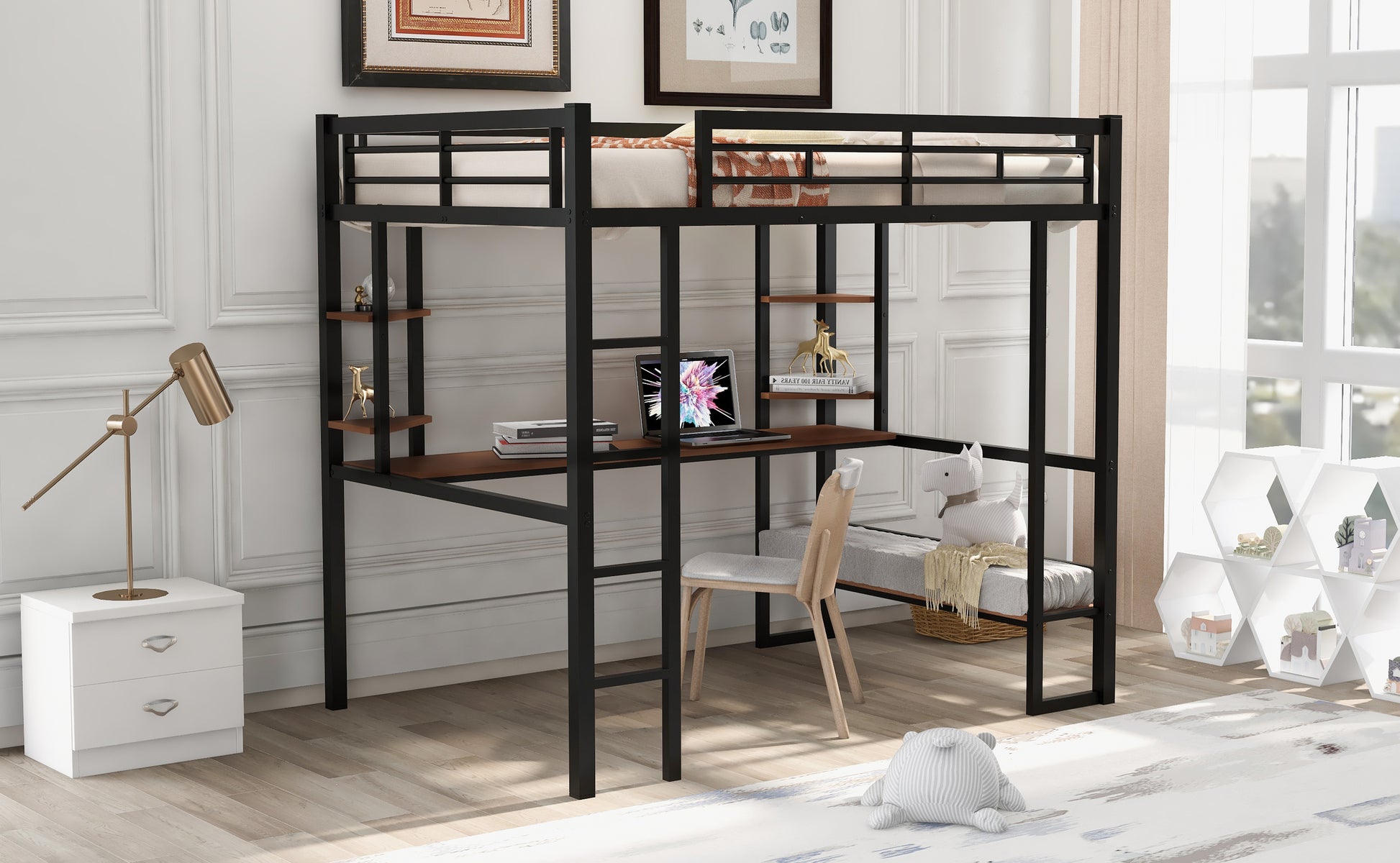 Black metal loft bed with integrated desk and shelves