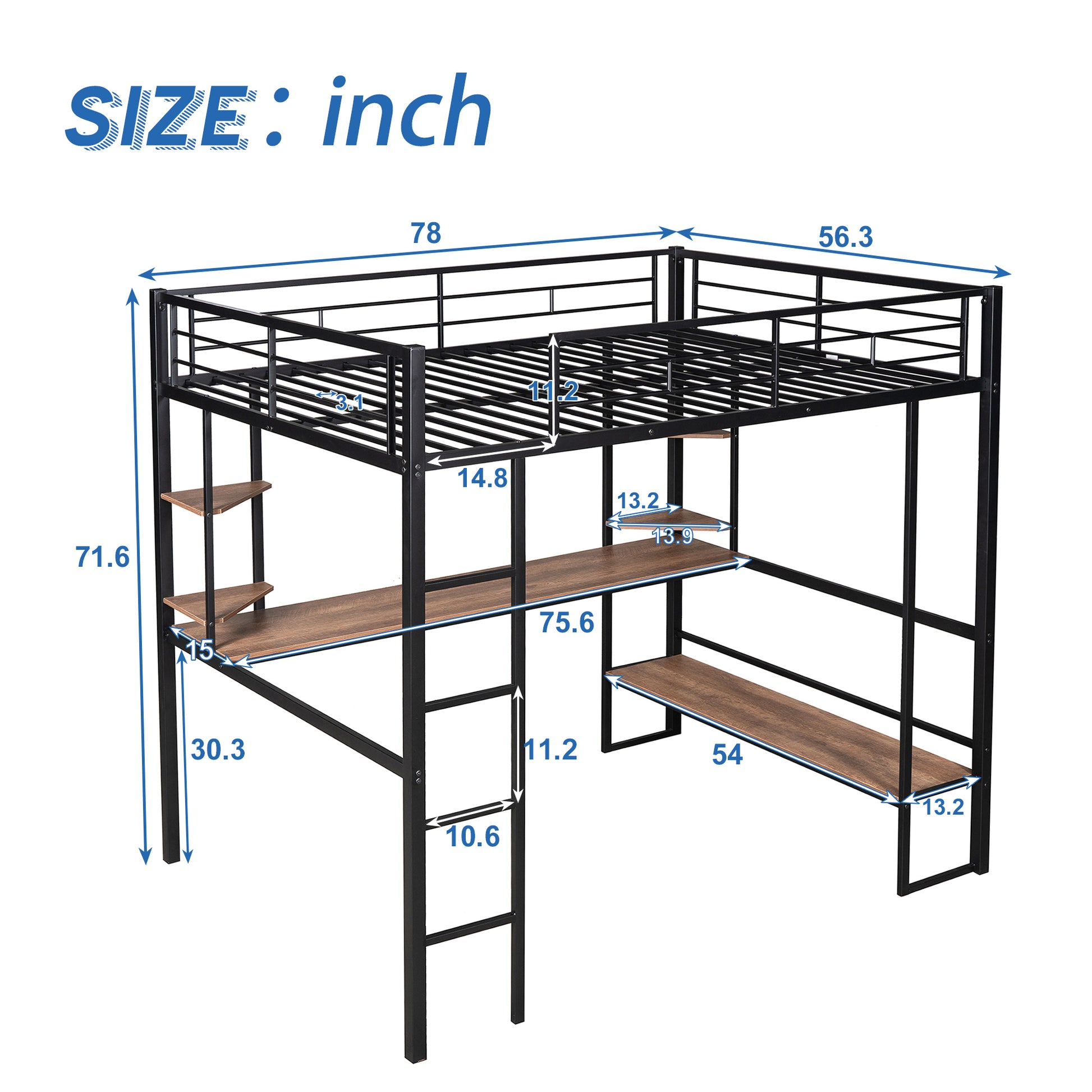 Black metal loft bed with attached desk and shelves