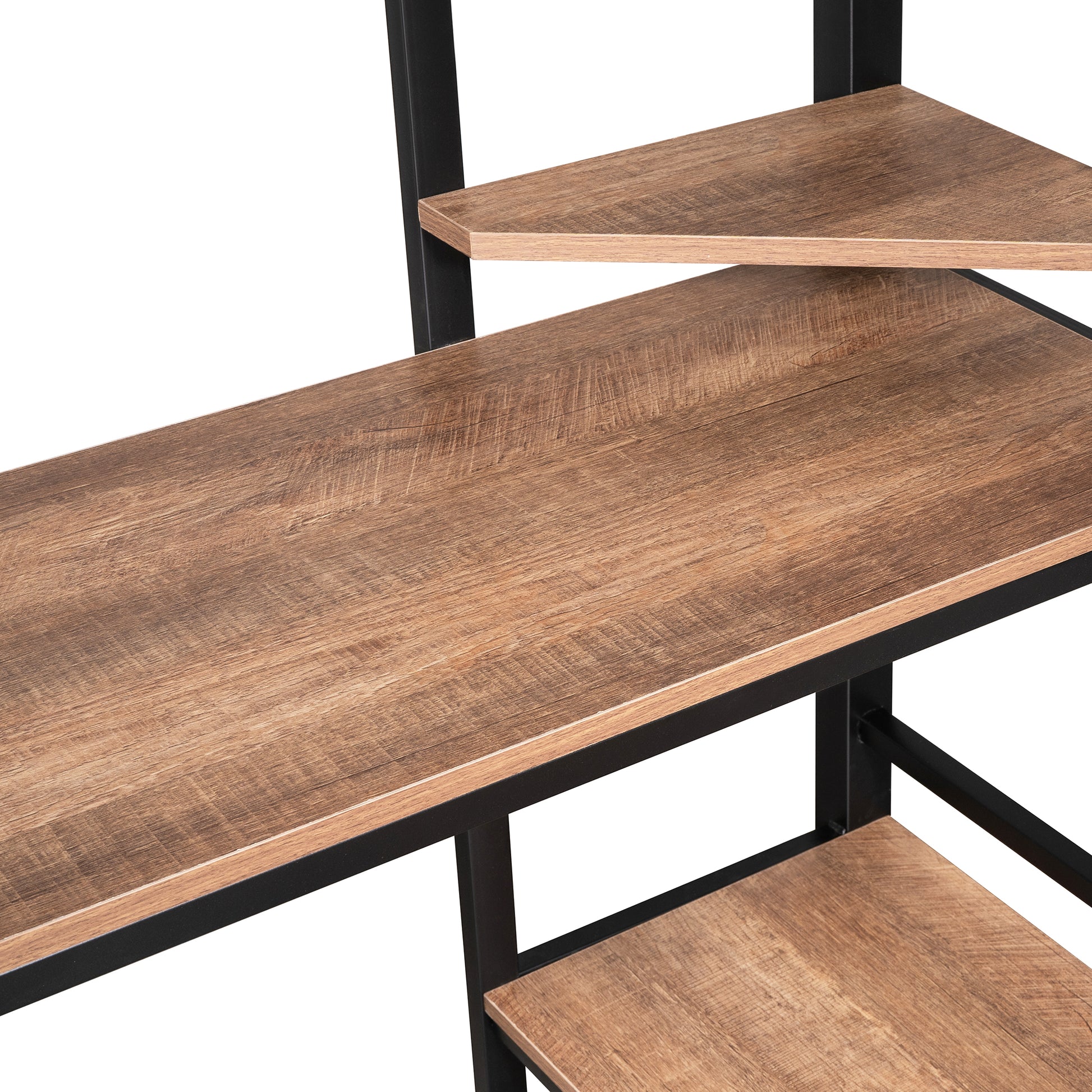 Closeup of rustic wood grain shelf on black metal frame