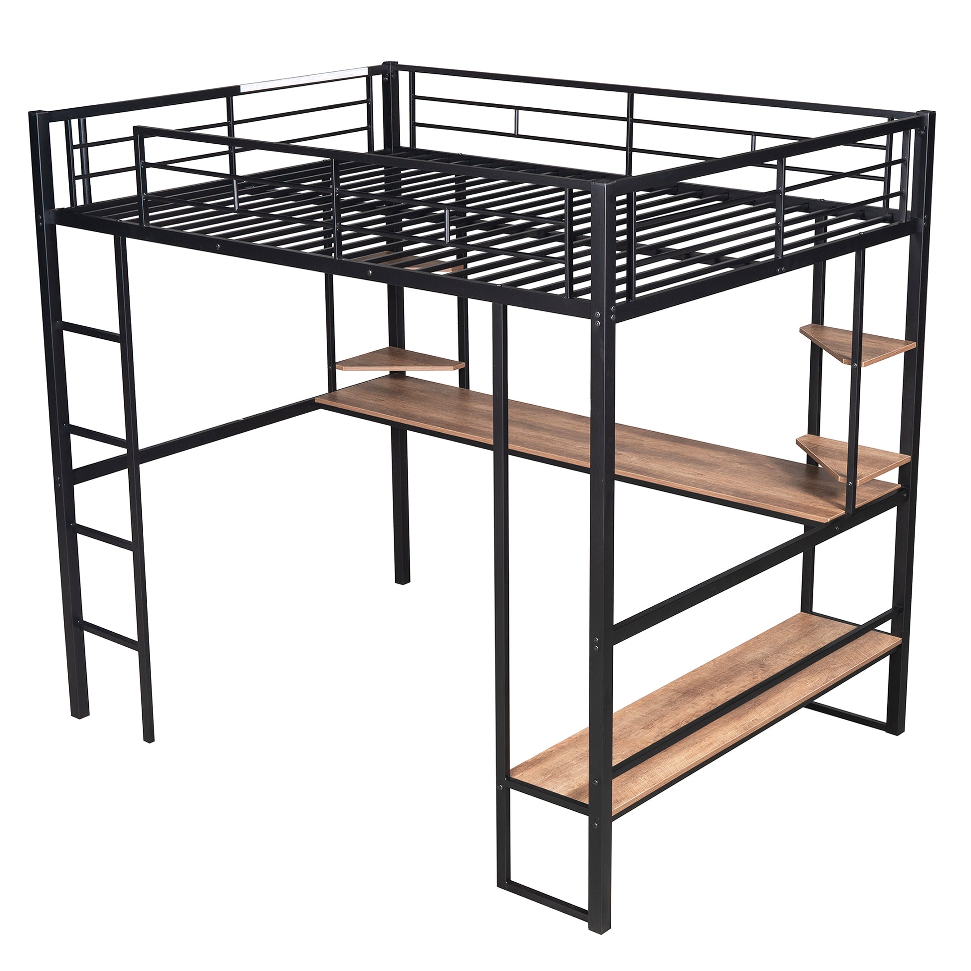 Black metal loft bed with integrated wood desk and shelving