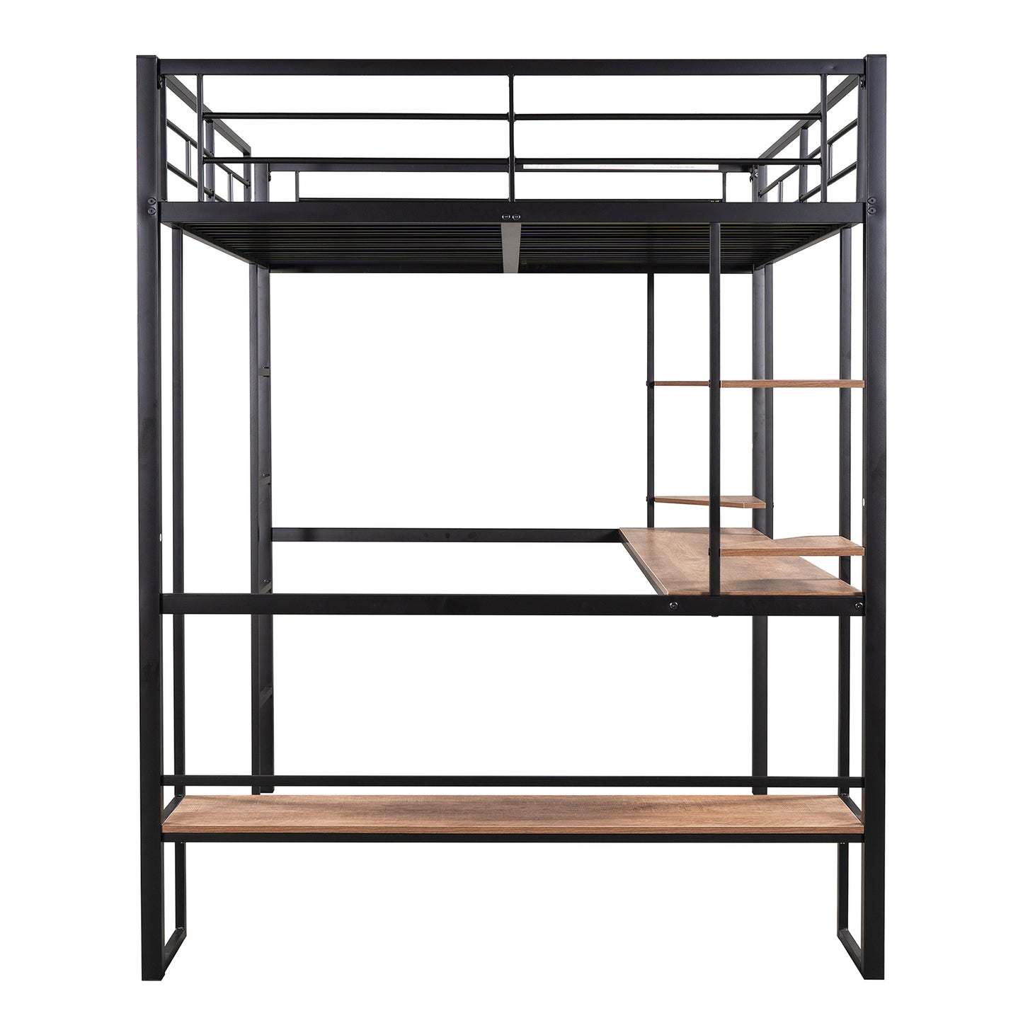 Black metal loft bed with integrated wooden desk and shelves