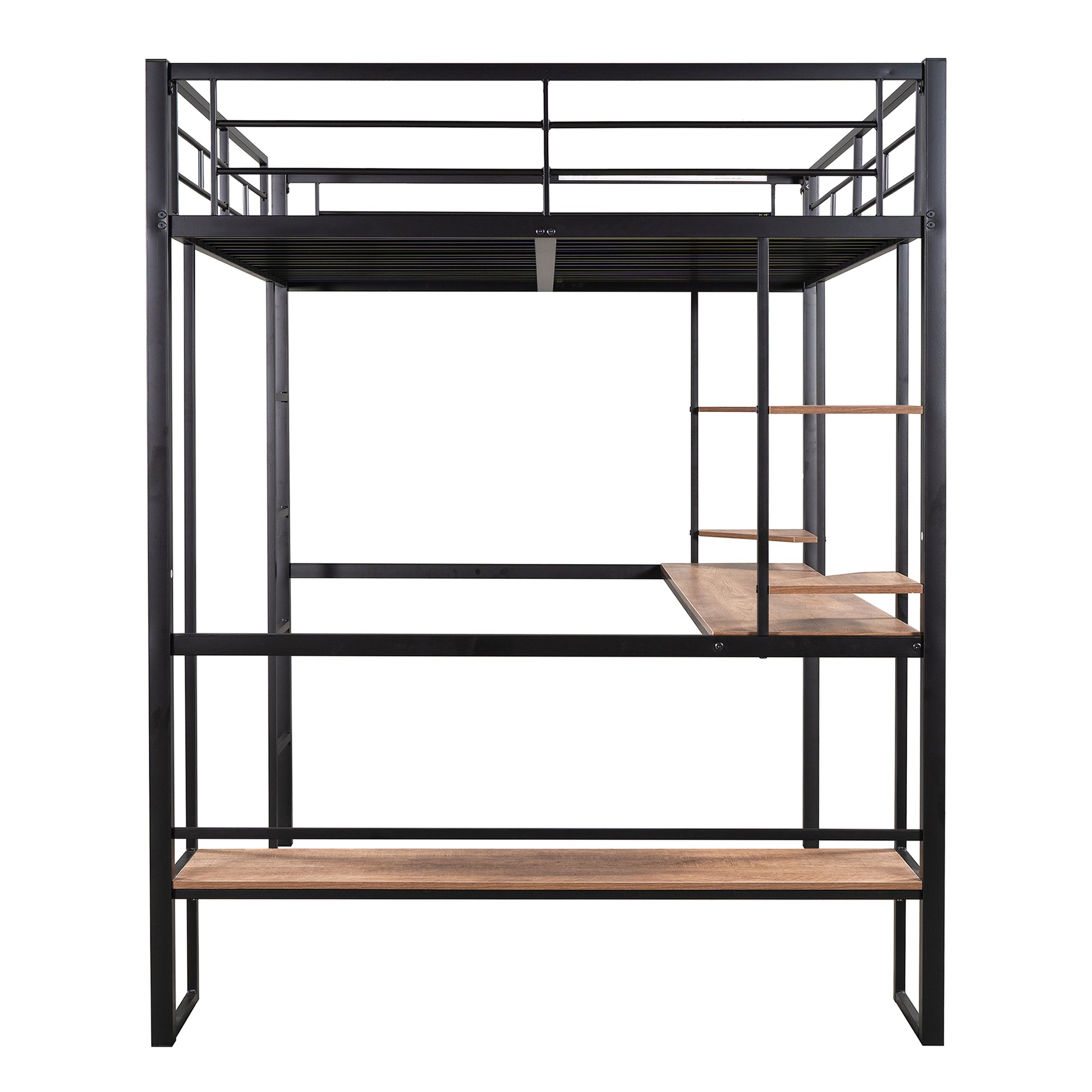 Black metal loft bed with integrated wooden desk and shelves