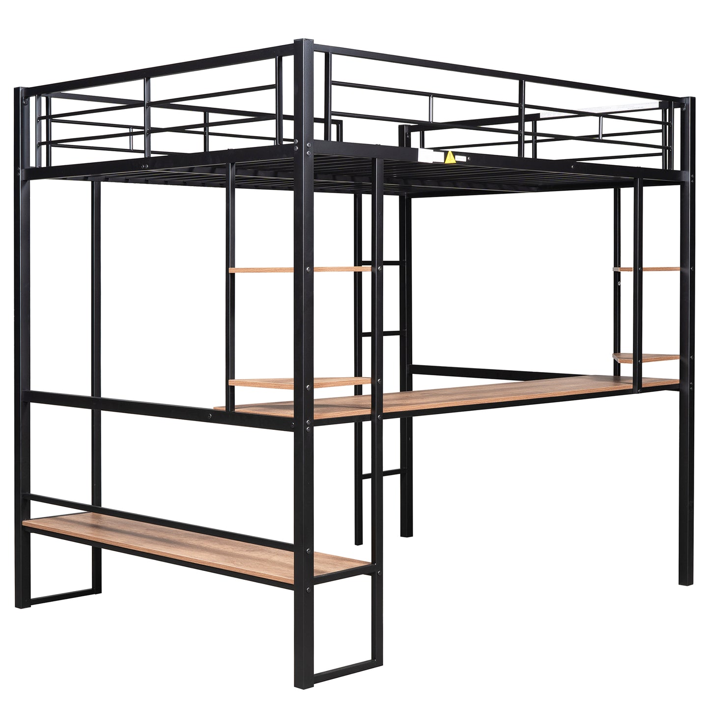 Black metal loft bed with integrated desk and shelving