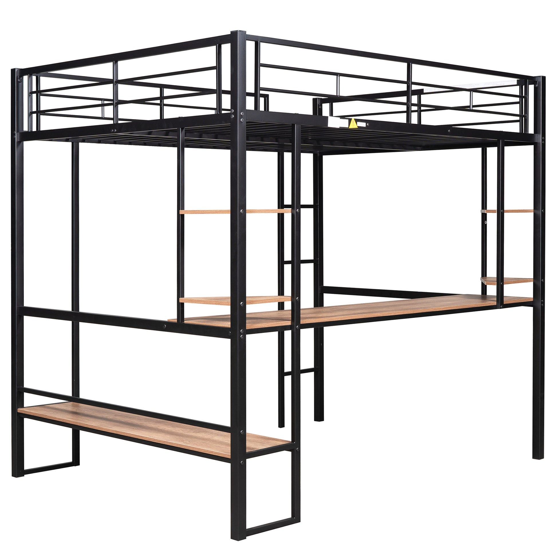 Black metal loft bed with integrated desk and shelving