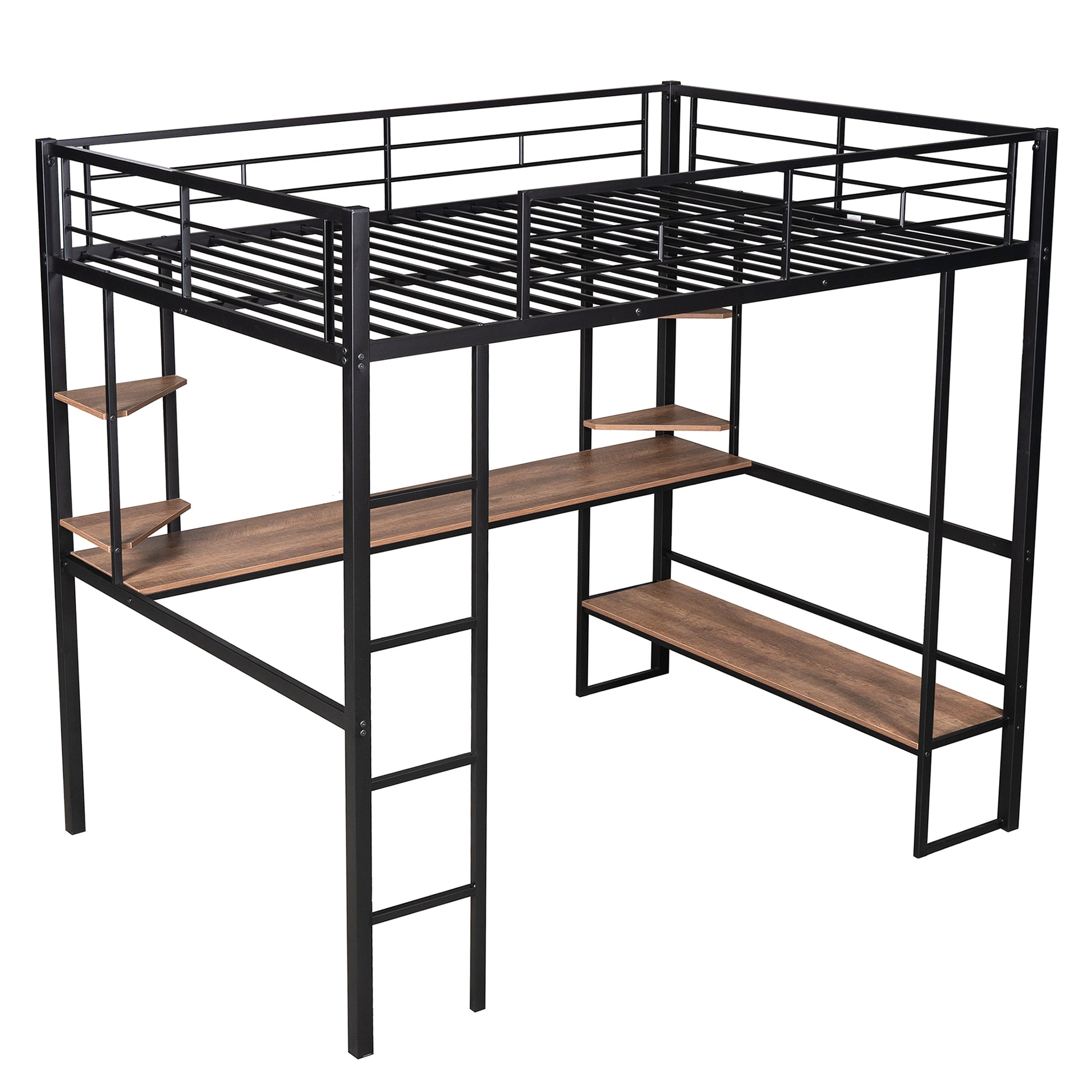 Black metal loft bed with wooden desk and shelves