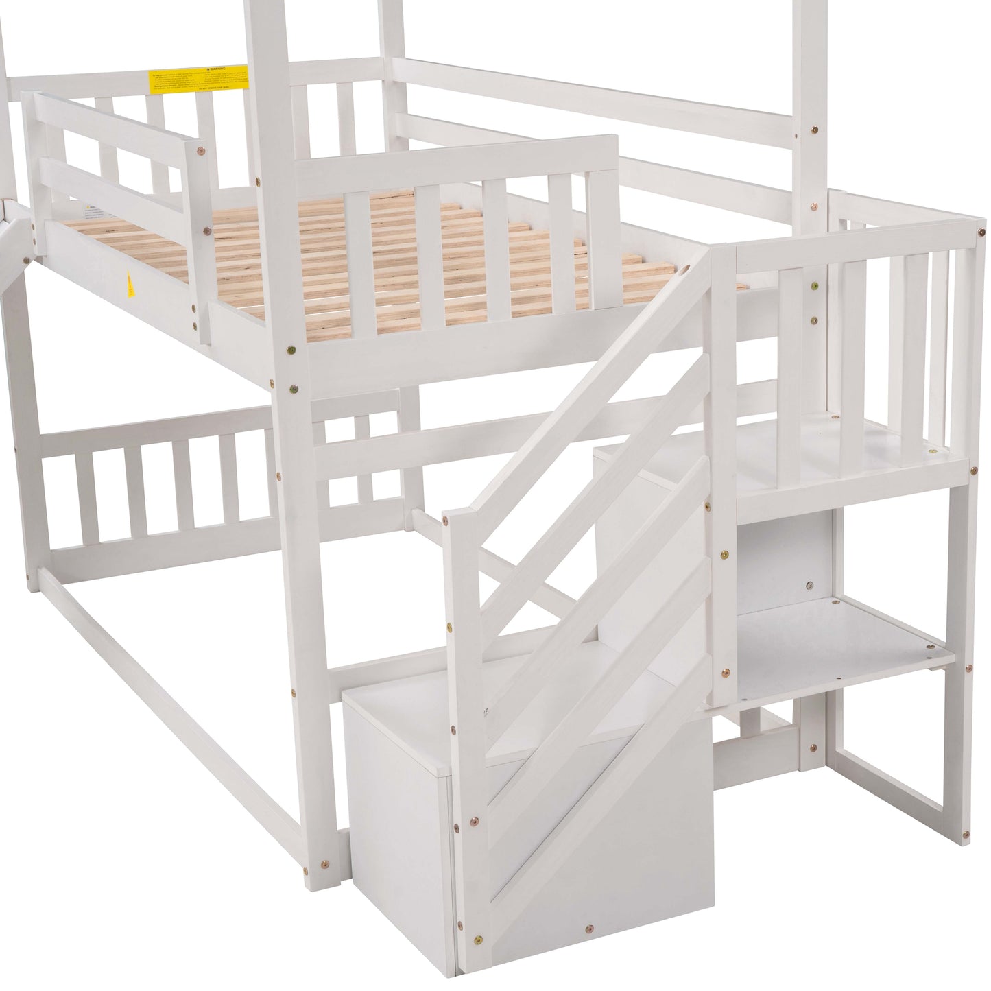 White wooden twin bunk bed with integrated stairs and storage drawers