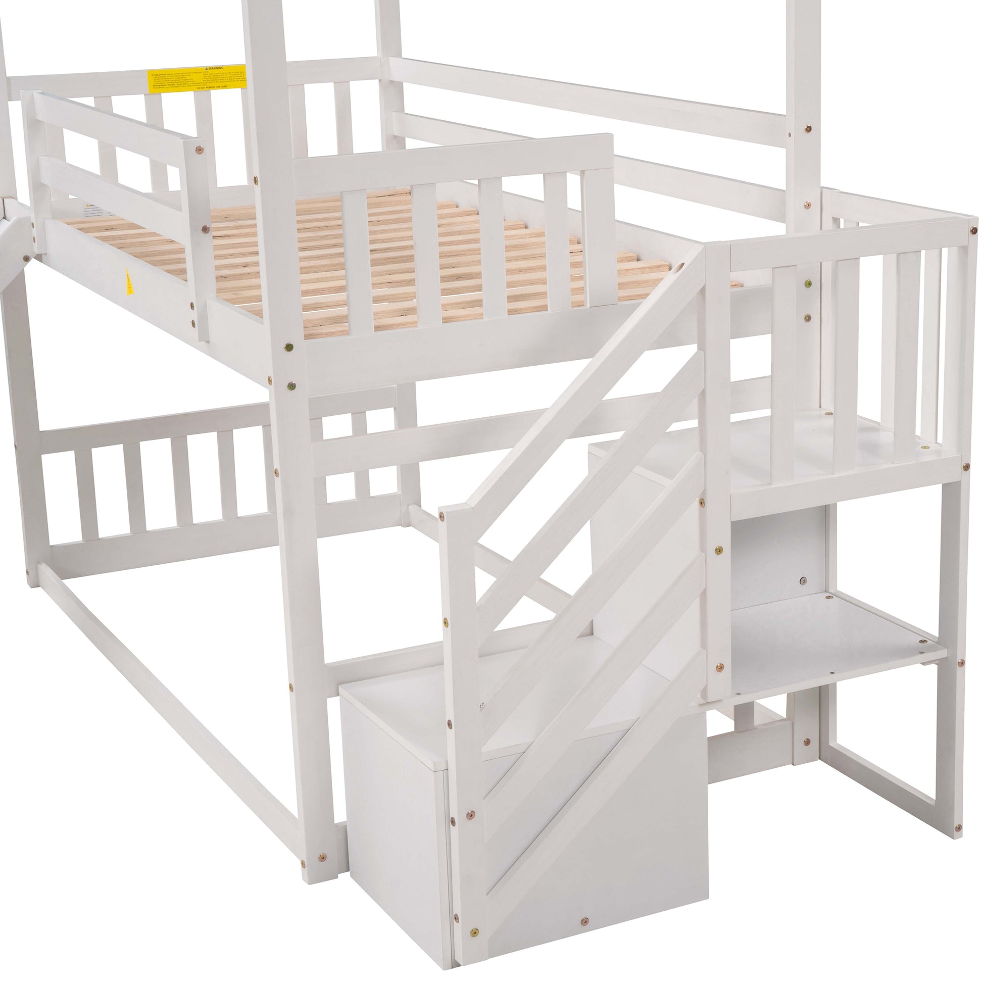 White wooden twin bunk bed with integrated stairs and storage drawers