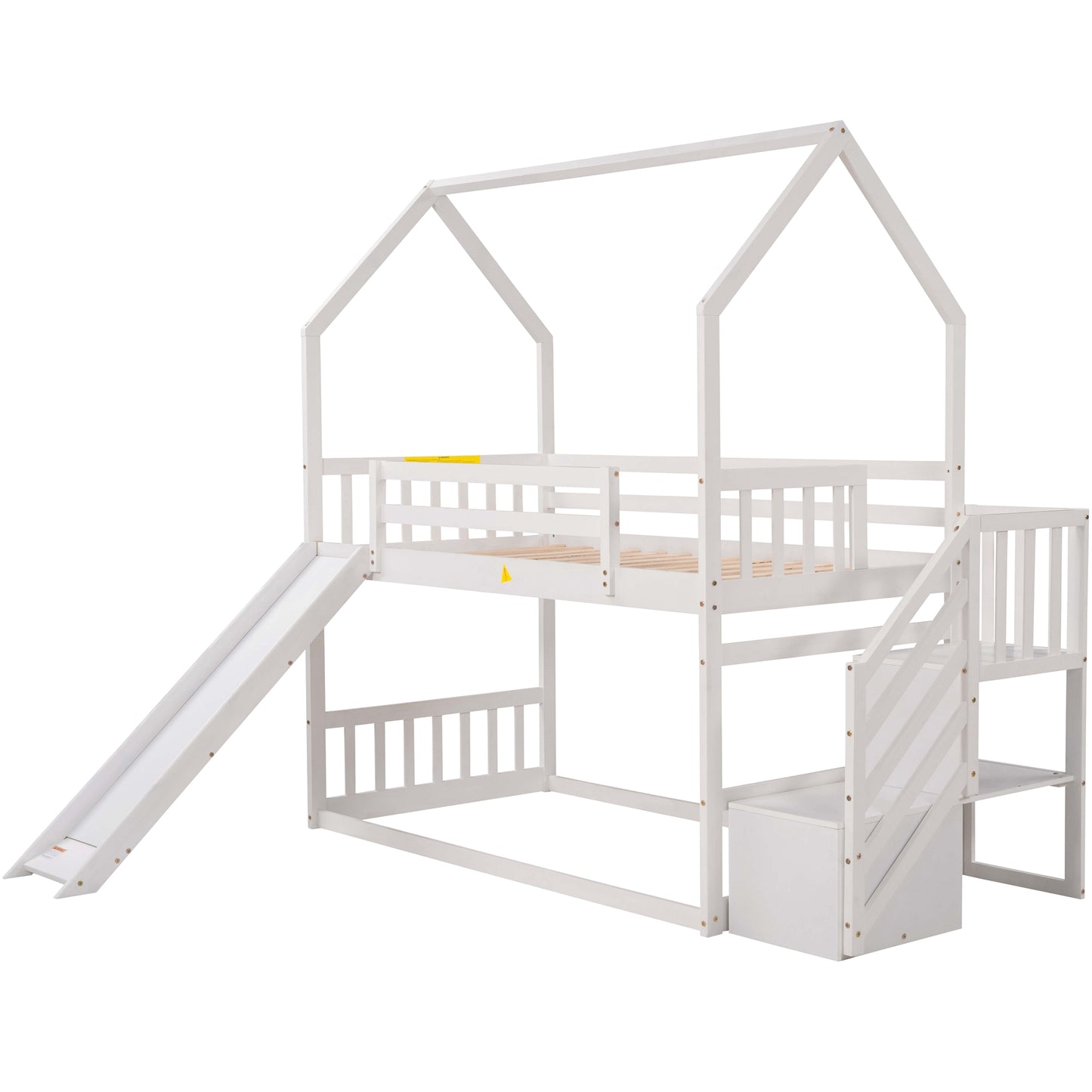 White wooden house bunk bed with slide and stairs for kids