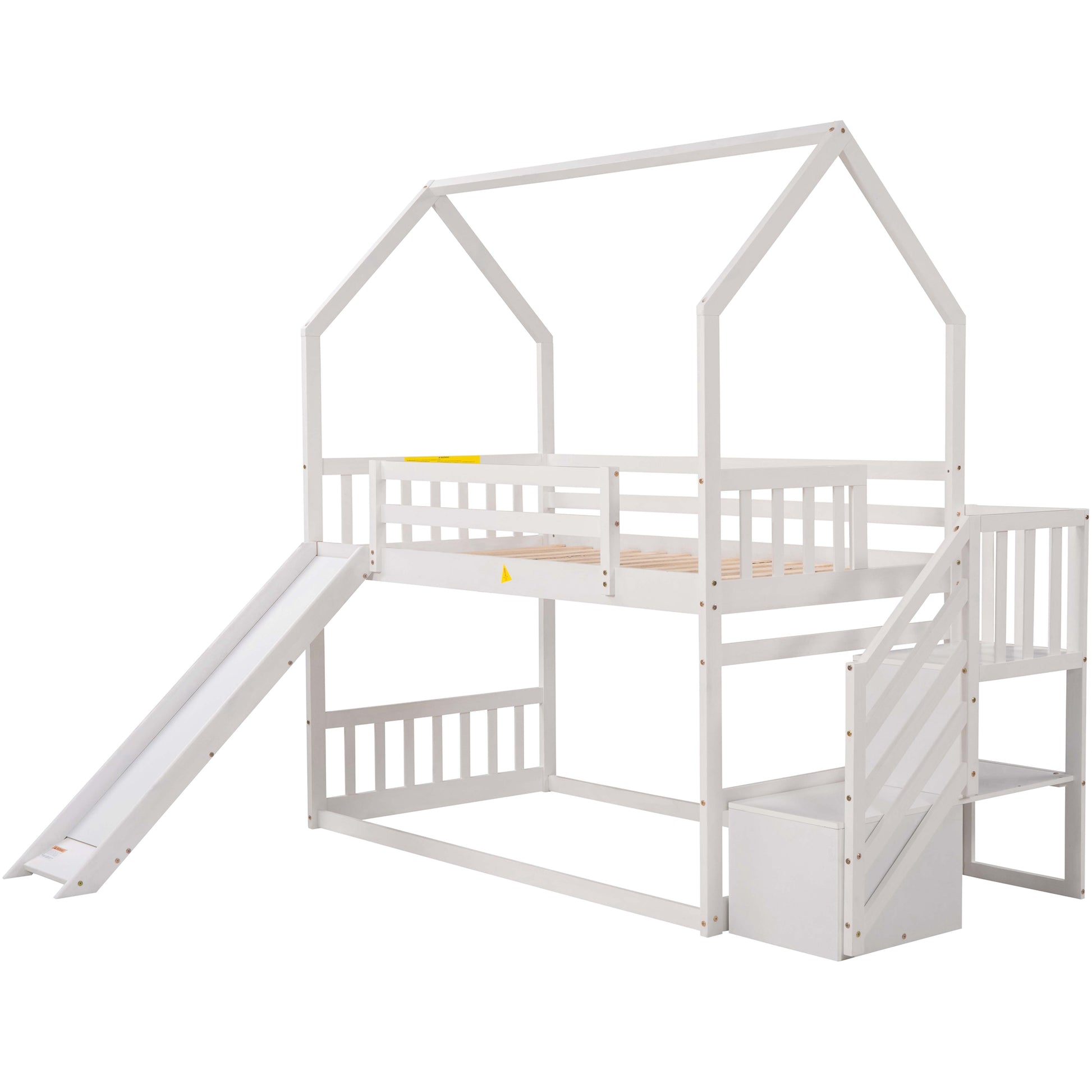 White wooden house bunk bed with slide and stairs for kids