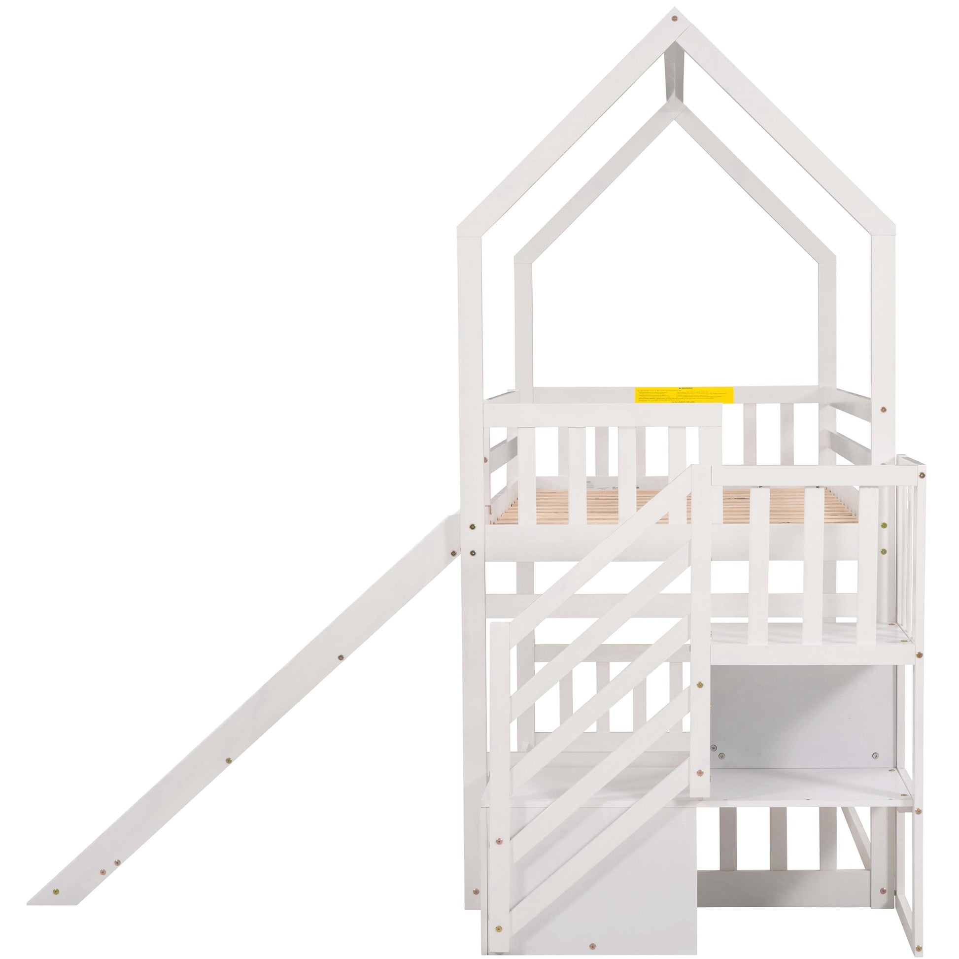 White wooden house bunk bed with slide and stairs