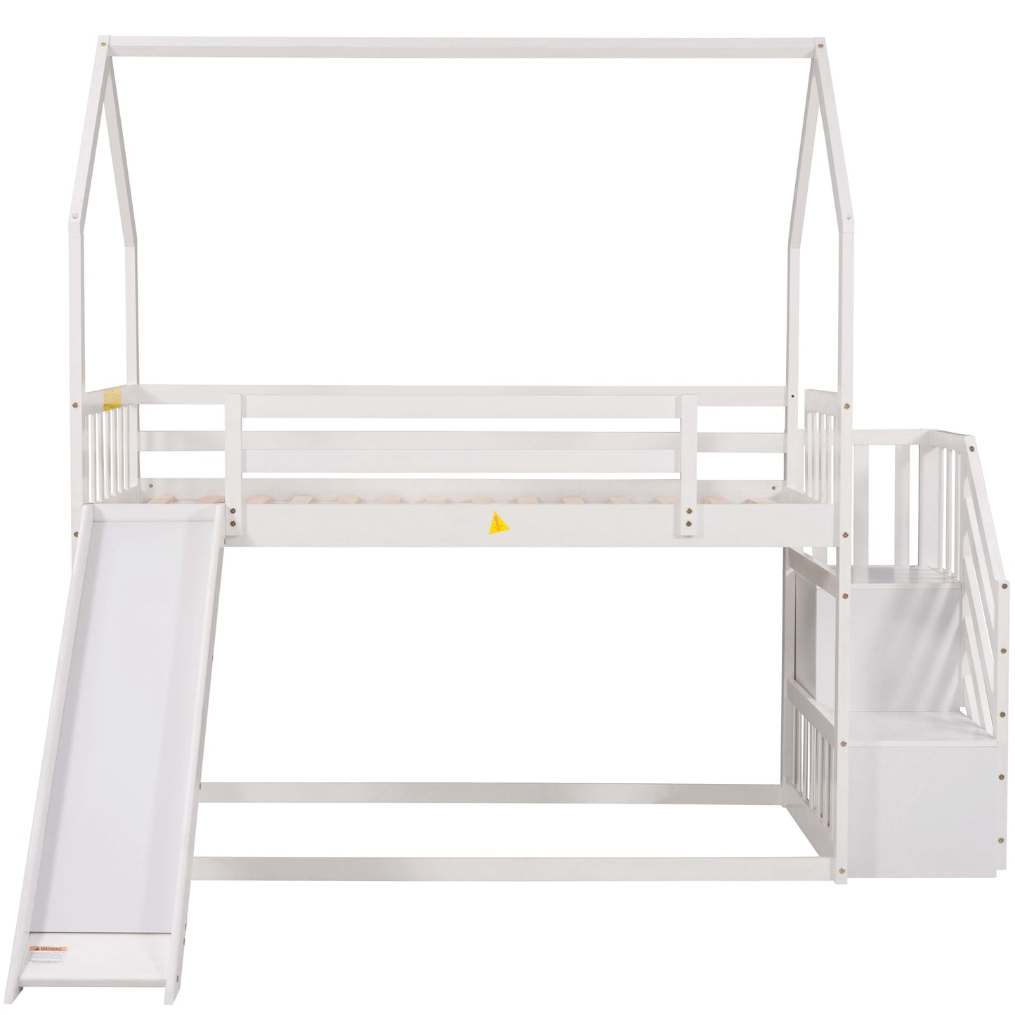 White wooden loft bed with a slide and stairs