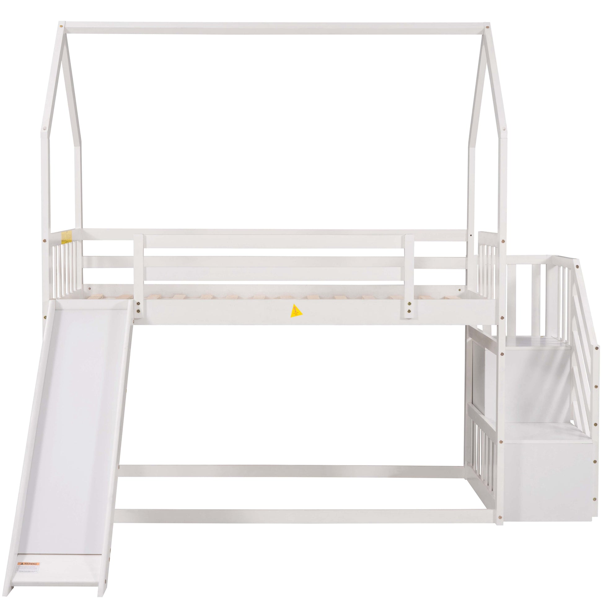 White wooden loft bed with a slide and stairs
