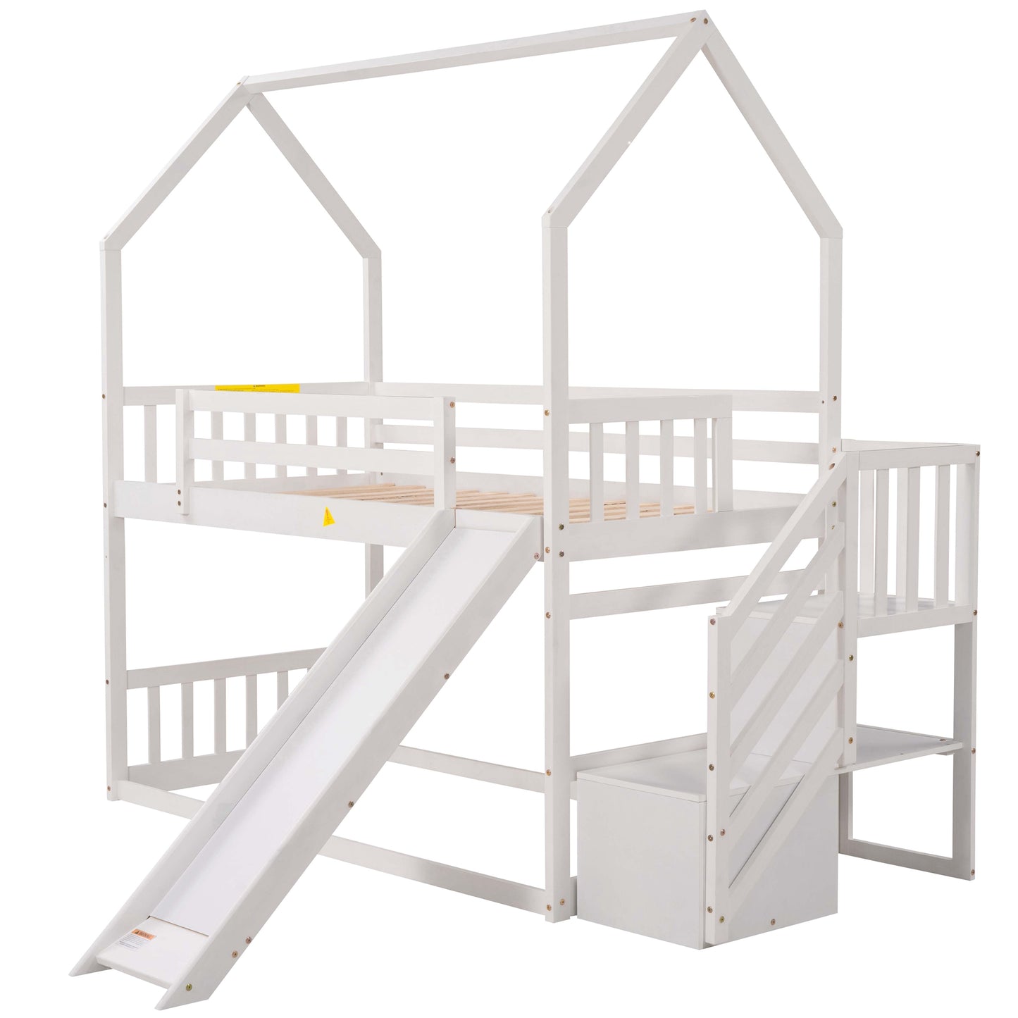 White wooden loft bed with slide and stairs