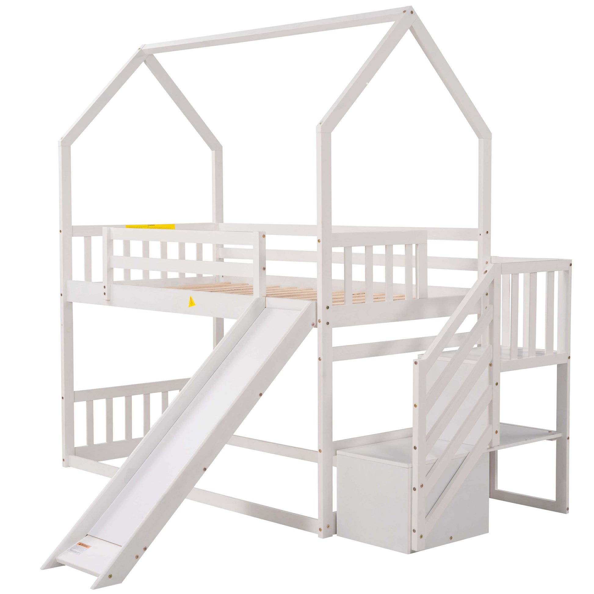 White wooden loft bed with slide and stairs